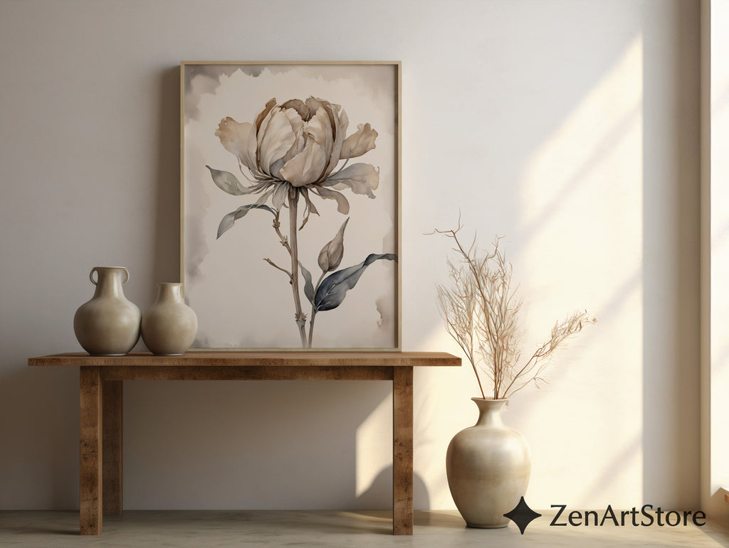 Neutral Peony Wall Art - Beige Botanical Watercolor Print, Japandi Minimal Flower Poster for Living Room & Bedroom