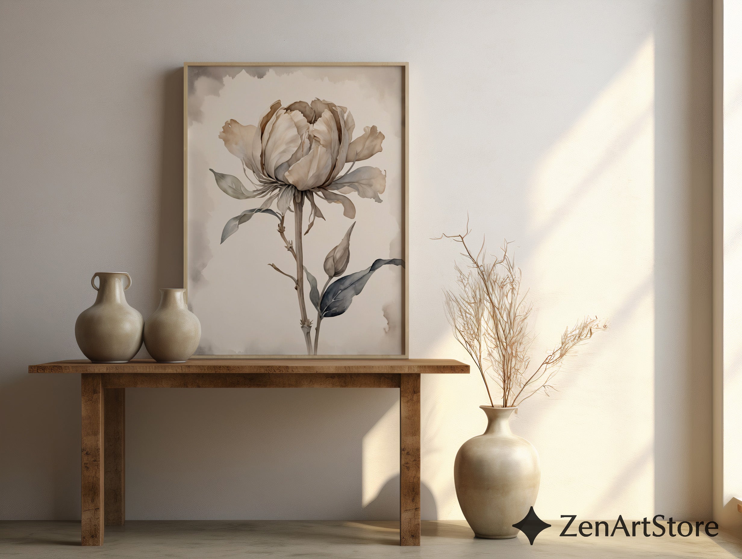 Neutral Peony Wall Art - Beige Botanical Watercolor Print, Japandi Minimal Flower Poster for Living Room & Bedroom