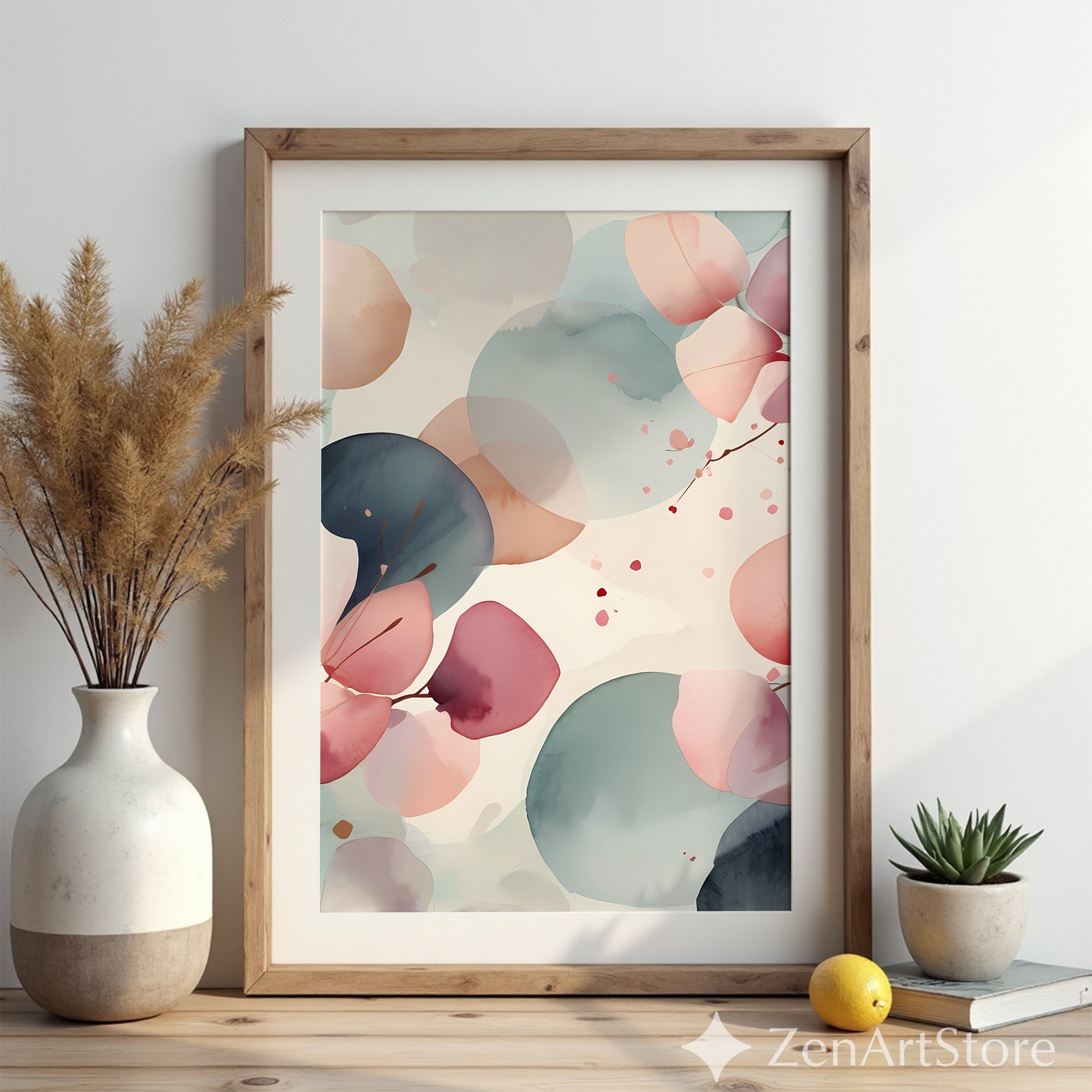 Zen Minimal Japanese Abstract Printable Wall Art - Soft Pink & Teal Watercolor Eucalyptus