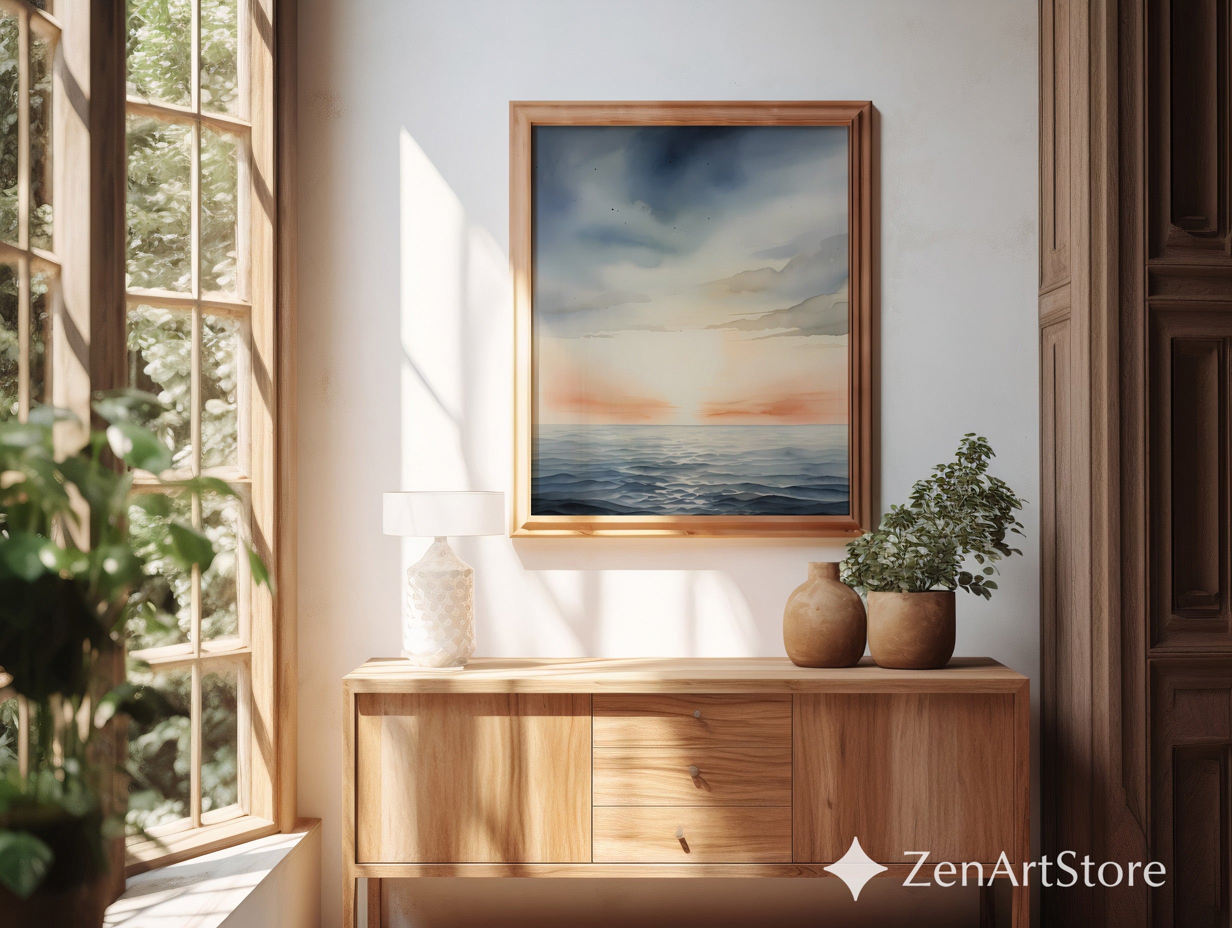 Minimal Seascape Wall Art Calm Ocean Sunset Watercolor Print Neutral Coastal Japandi Decor