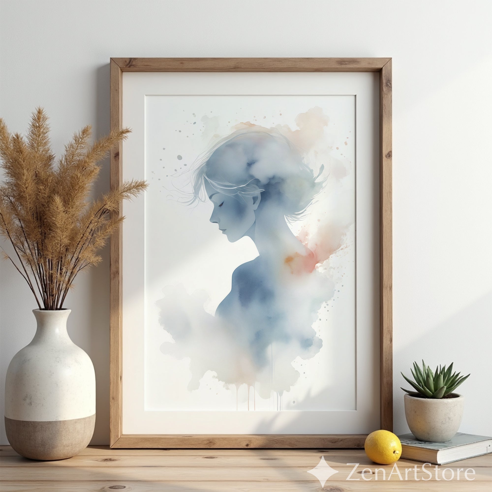 Dreamy Watercolor Woman Portrait Print - Minimal Abstract Blue Gray Silhouette, Zen Wall Art for Living Room & Bedroom