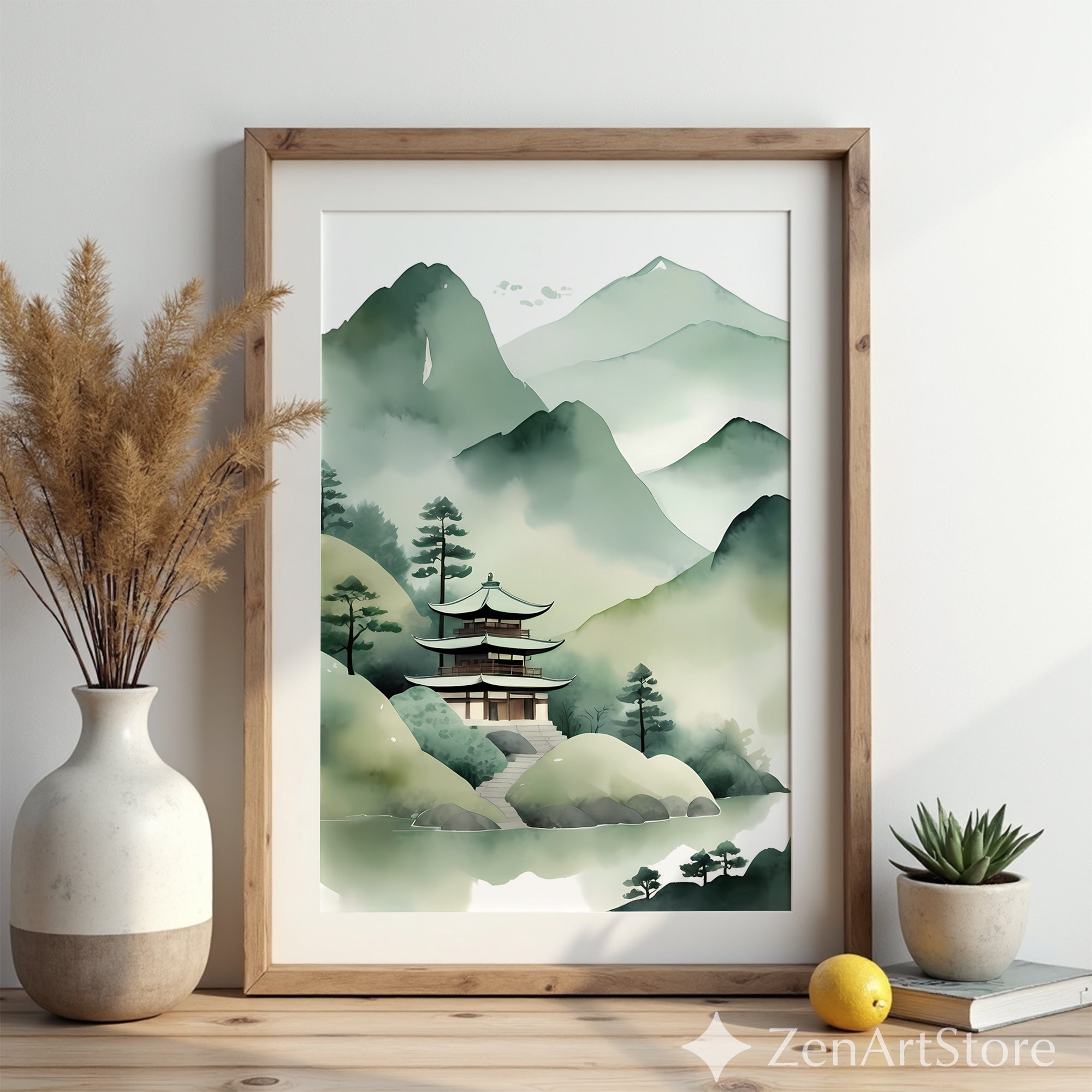 Misty Mountain Pagoda Print - Japanese Watercolor Landscape Wall Art, Zen Japandi Minimalist Green Home Decor