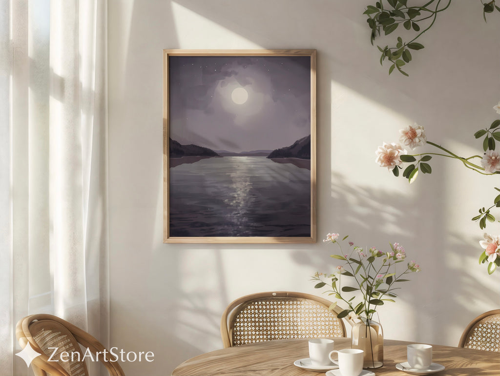 Moonlit Lake Minimalist Wall Art - Calming Neutral Landscape Print for Bedroom, Living Room, Japandi & Scandinavian Decor
