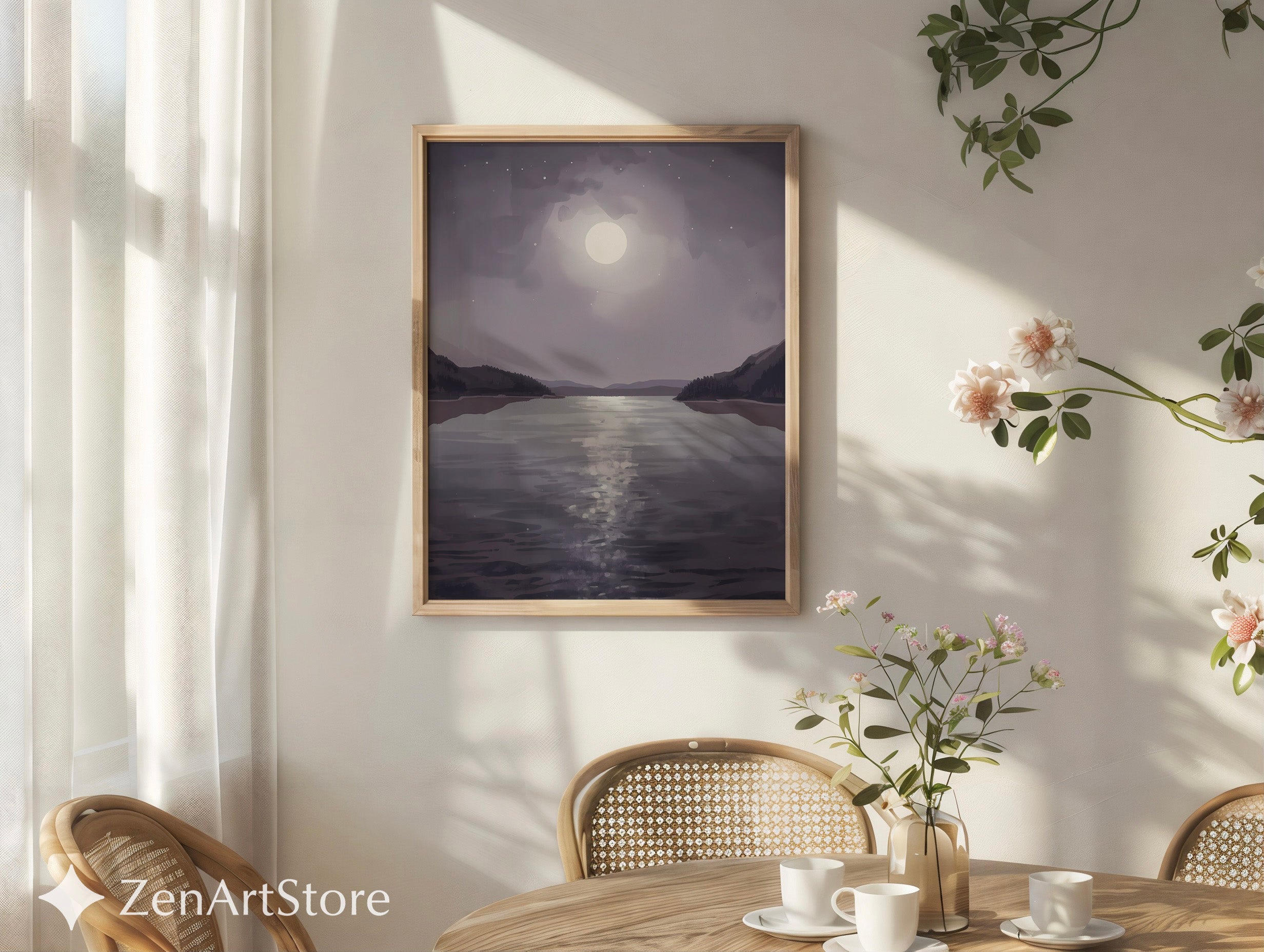 Moonlit Lake Minimalist Wall Art - Calming Neutral Landscape Print for Bedroom, Living Room, Japandi & Scandinavian Decor