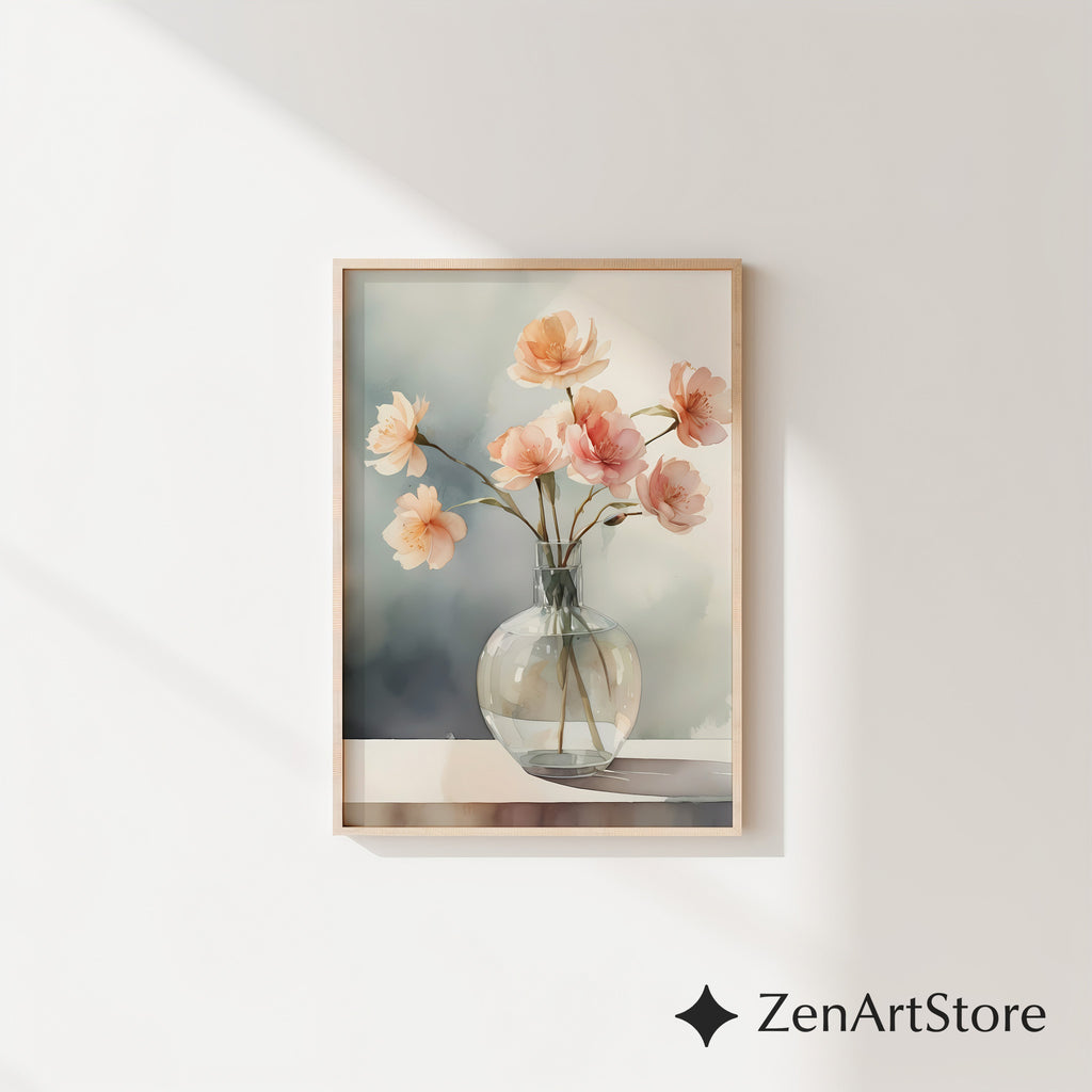 Soft Peach Floral Vase Print - Minimal Botanical Wall Art for Japandi & Scandinavian Neutral Home Decor