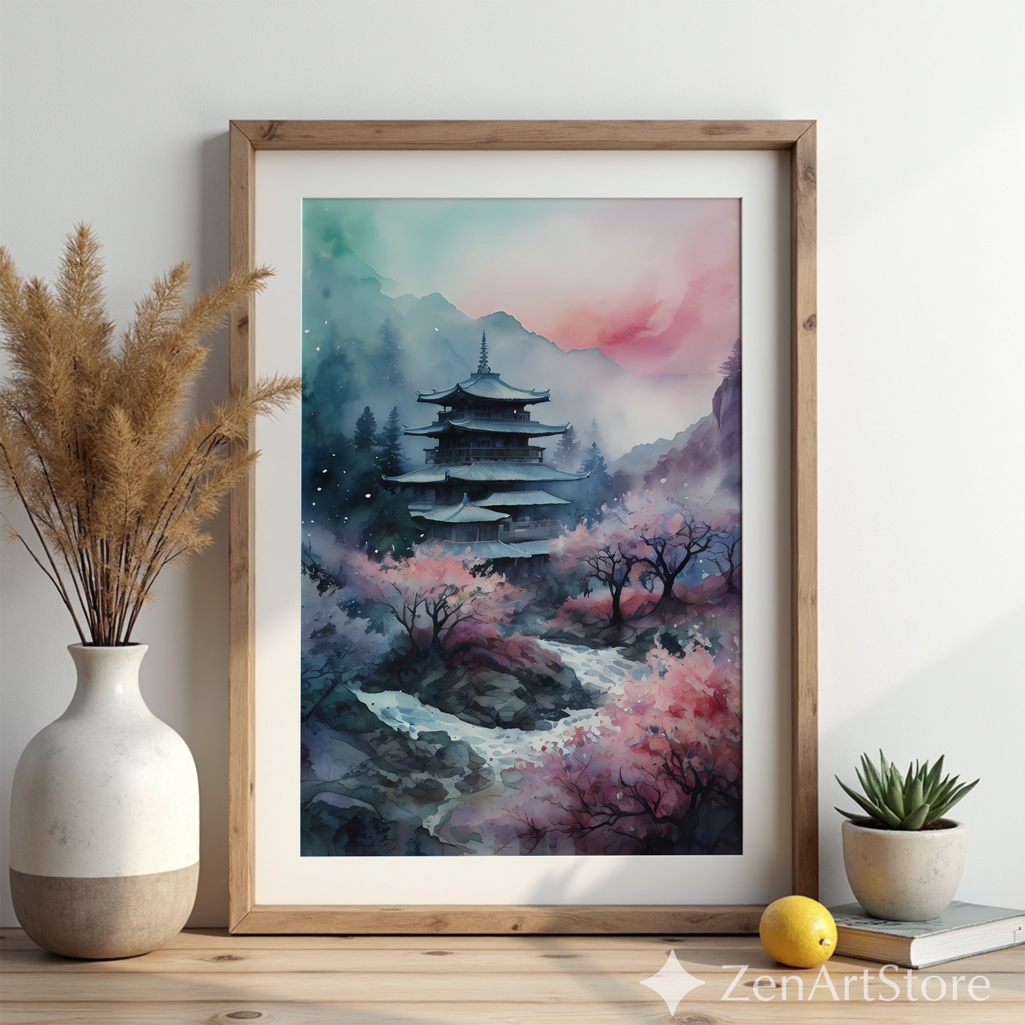 Serene Japanese Pagoda Print with Cherry Blossoms - Watercolor Zen Landscape Wall Art for Home