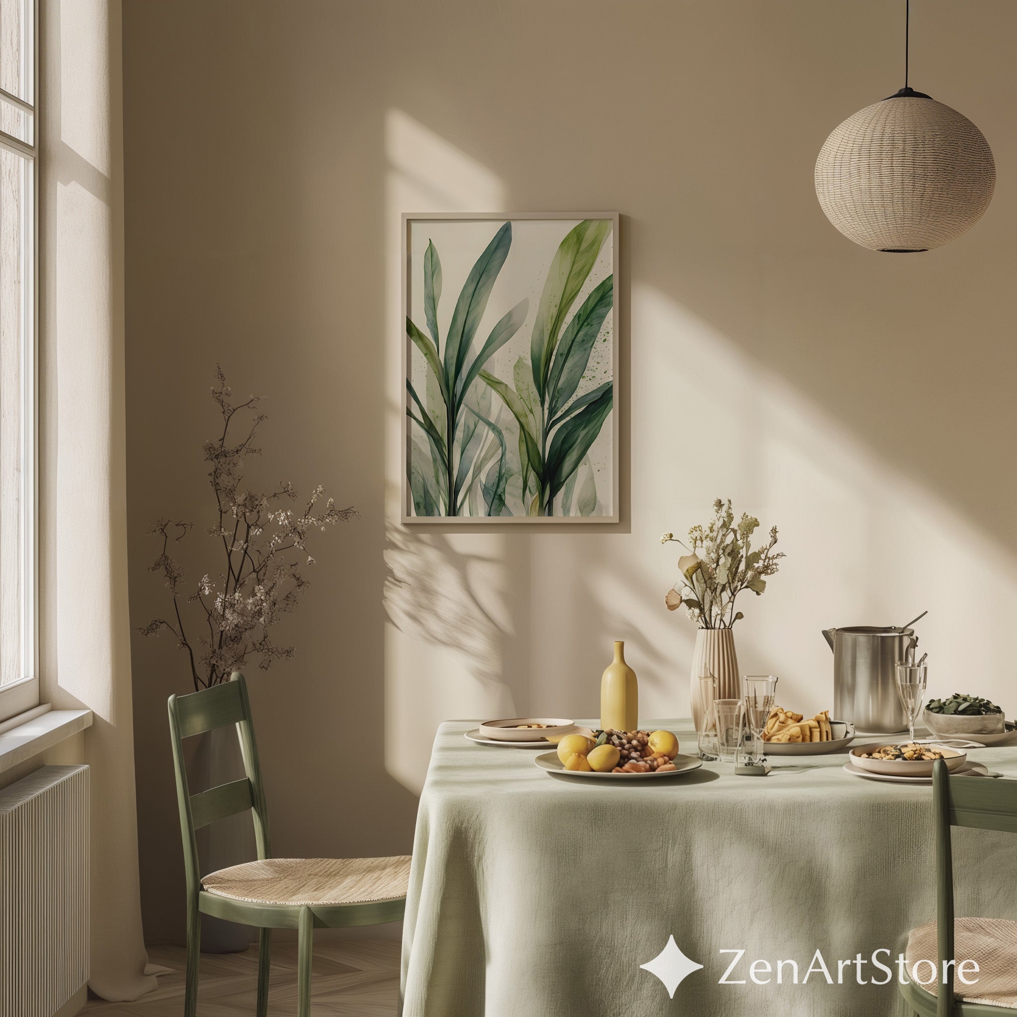 Minimal Green Leaves Wall Art - Botanical Watercolor Print for Japandi & Scandinavian Home Decor