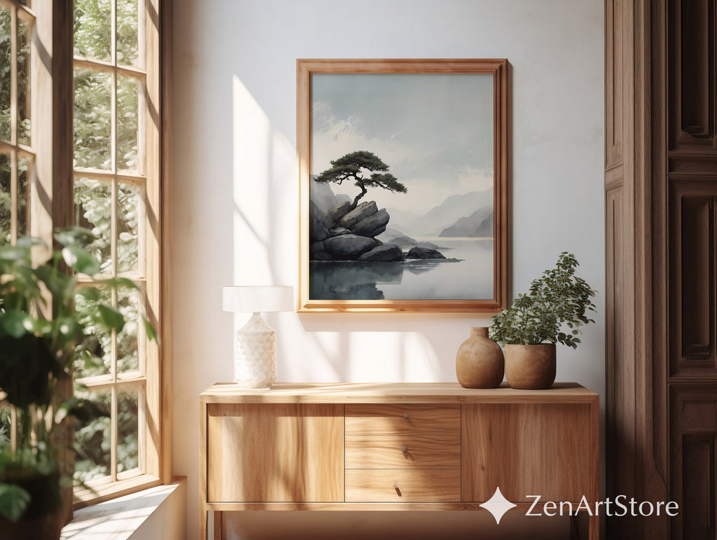 Zen Minimalist Landscape Print Lone Pine on Rocks - Japandi Scandinavian Wall Art Neutral Calm Home Decor