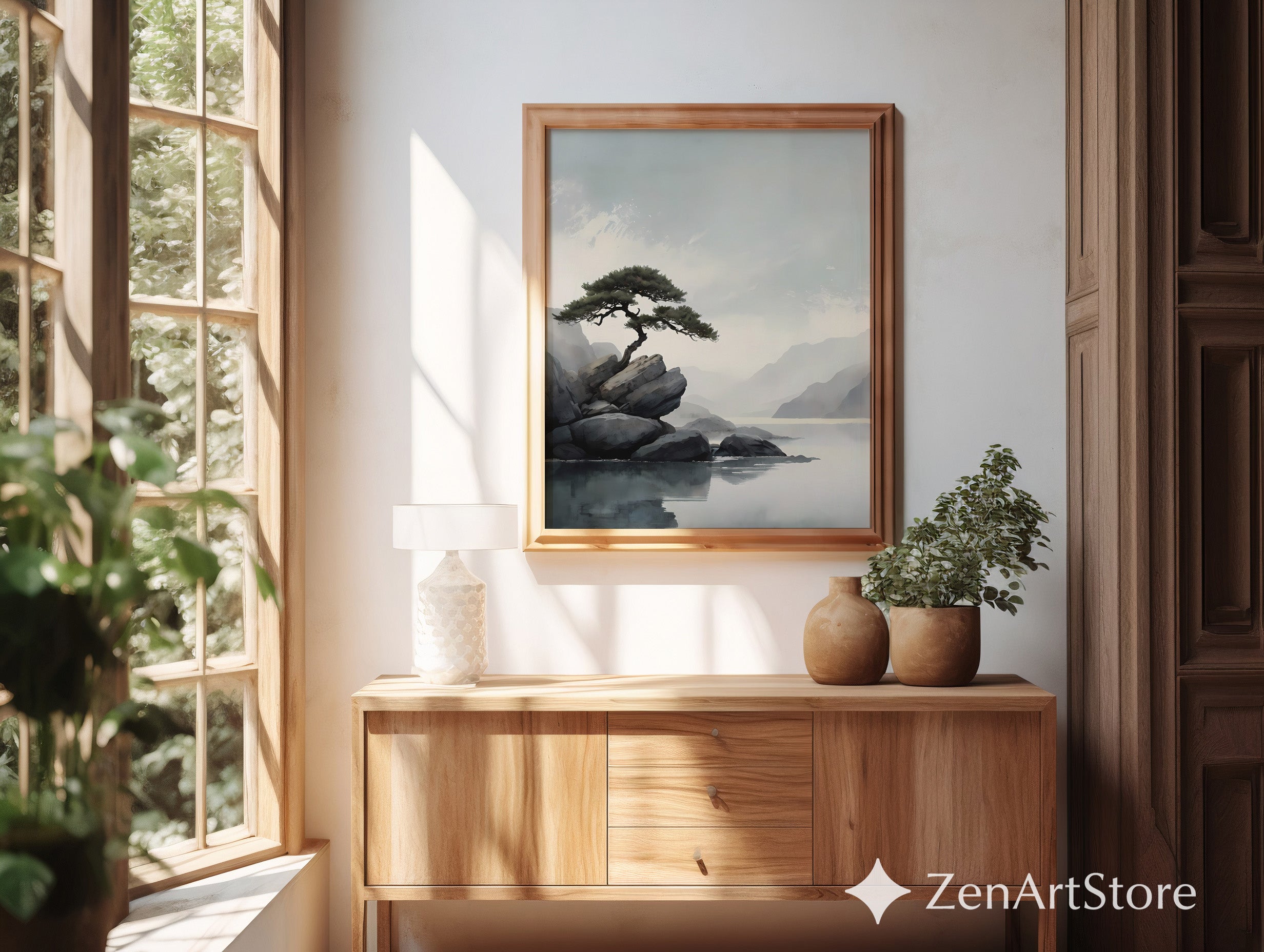 Zen Minimalist Landscape Print Lone Pine on Rocks - Japandi Scandinavian Wall Art Neutral Calm Home Decor