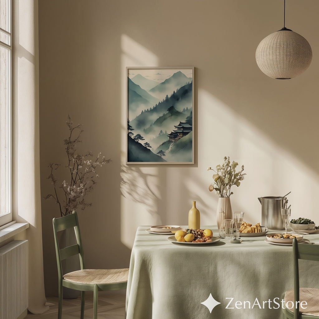 Misty Mountain Temple Wall Art - Zen Japandi Japanese Landscape Print - Minimal Wabi Sabi Home Decor