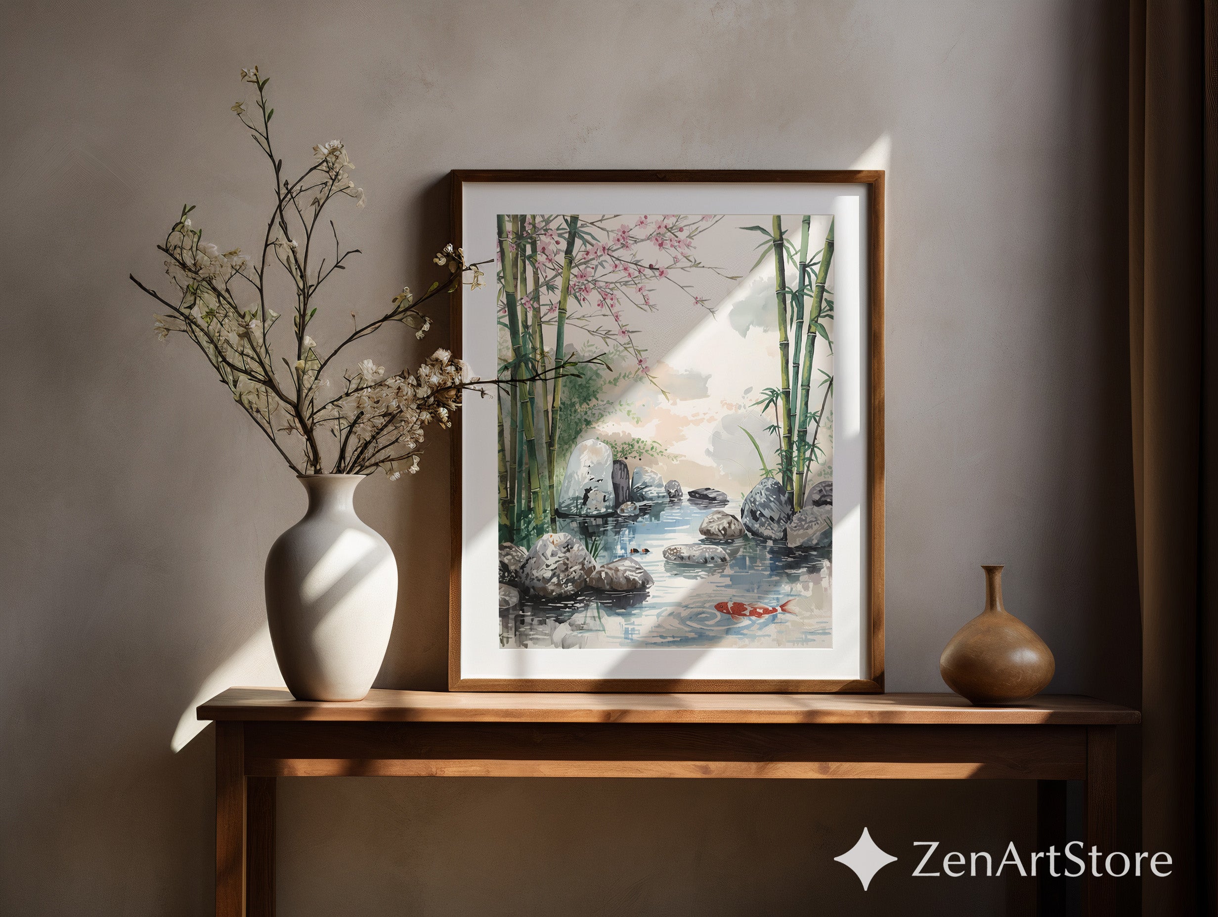 Zen Bamboo Koi Pond Watercolor Print - Japandi Wall Art with Cherry Blossoms for Calm Home Decor