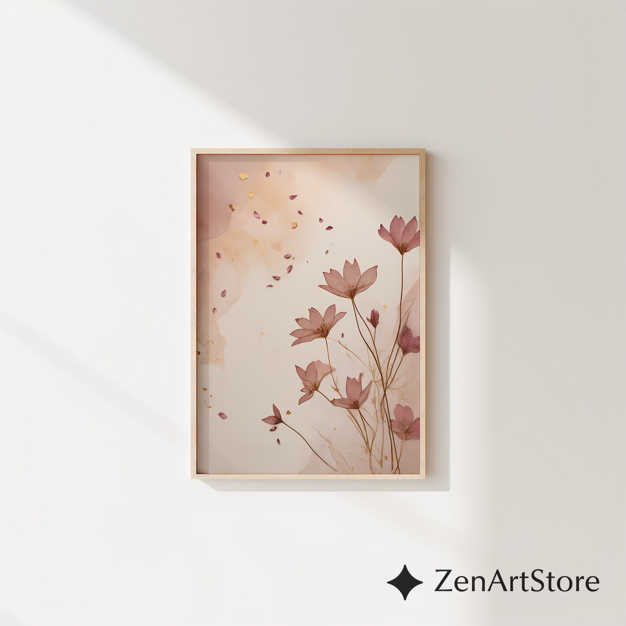 Blush Floral Wall Art Print - Minimal Botanical Line Art, Neutral Japandi Home Decor, Pink Beige Abstract Flower Poster