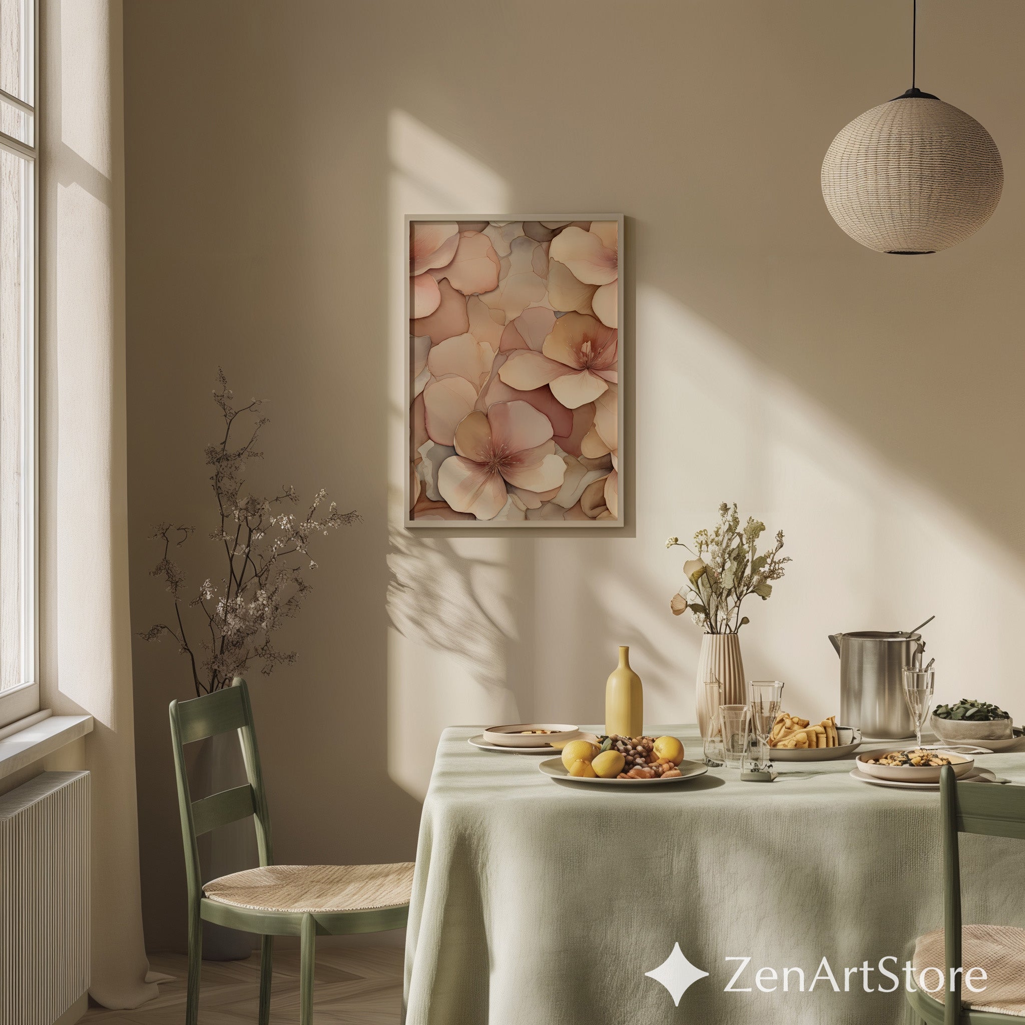 Blush Neutral Floral Wall Art - Soft Peach Botanical Print, Minimal Japandi Canvas for Living Room & Bedroom