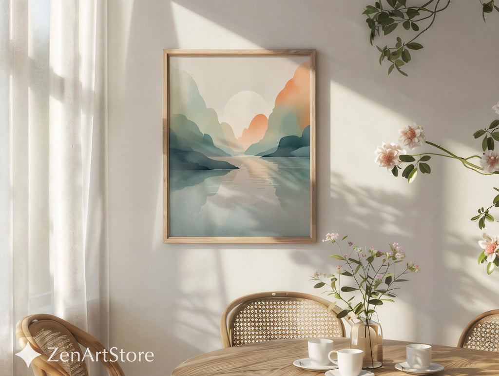Serene Pastel Mountain Landscape Print – Minimal Japandi Wall Art, Calm Neutral Abstract Sunset