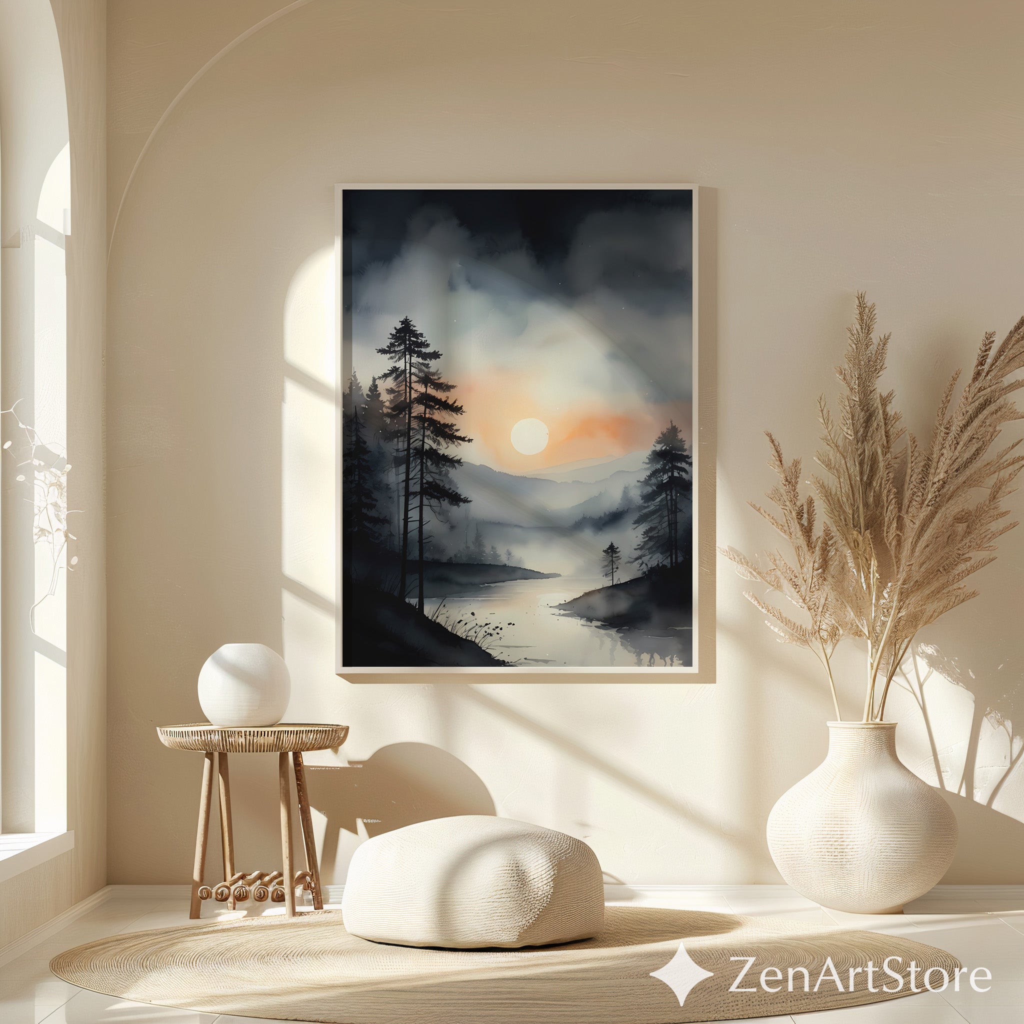 Misty Forest Sunrise Wall Art - Minimal Neutral Landscape Print, Japandi Wabi Sabi Lake Reflection for Living Room