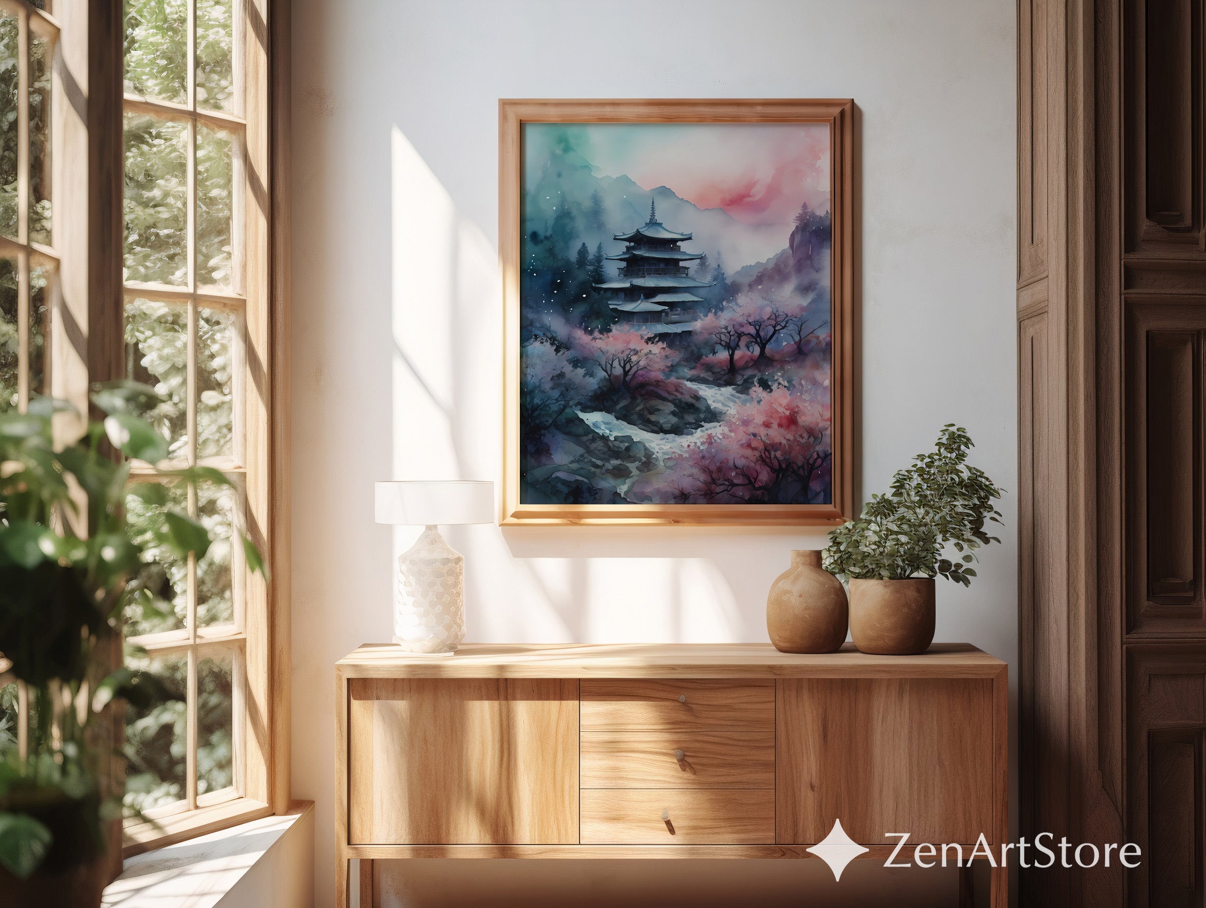 Serene Japanese Pagoda Print with Cherry Blossoms - Watercolor Zen Landscape Wall Art for Home