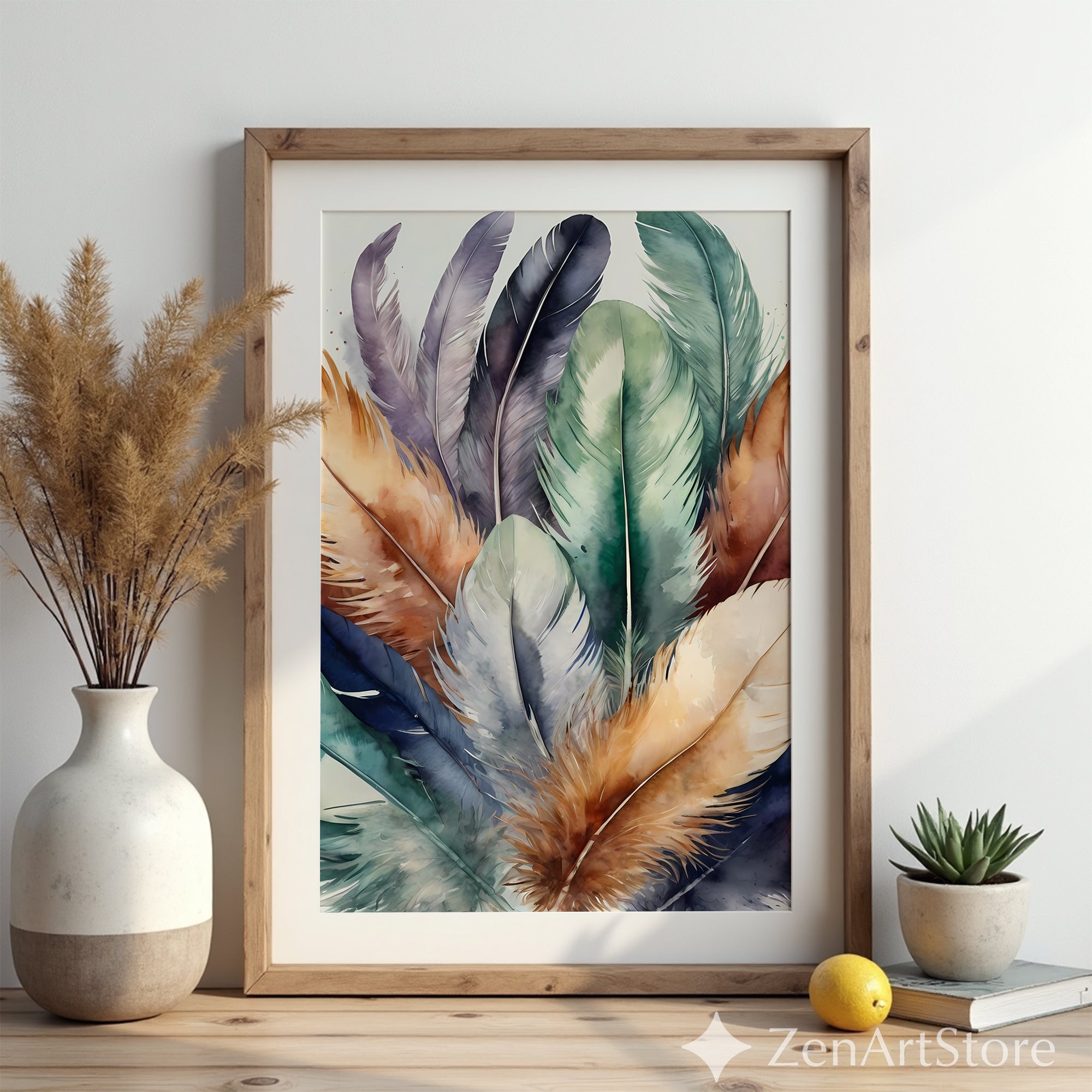 Watercolor Feather Wall Art Print - Boho Teal Green & Warm Brown Feather Illustration for Living Room, Bedroom, Nursery, Japandi Home Decor
