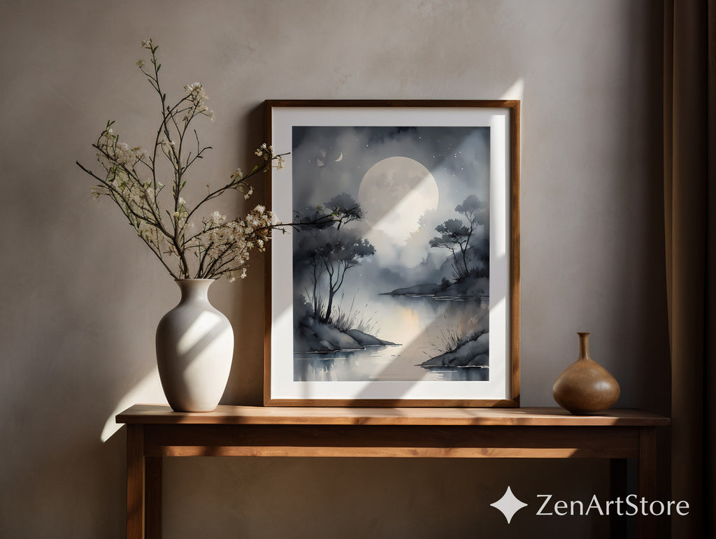 Moonlit Lake Wall Art Print - Serene Minimalist Moon Landscape, Grayscale Japandi Zen Home Decor