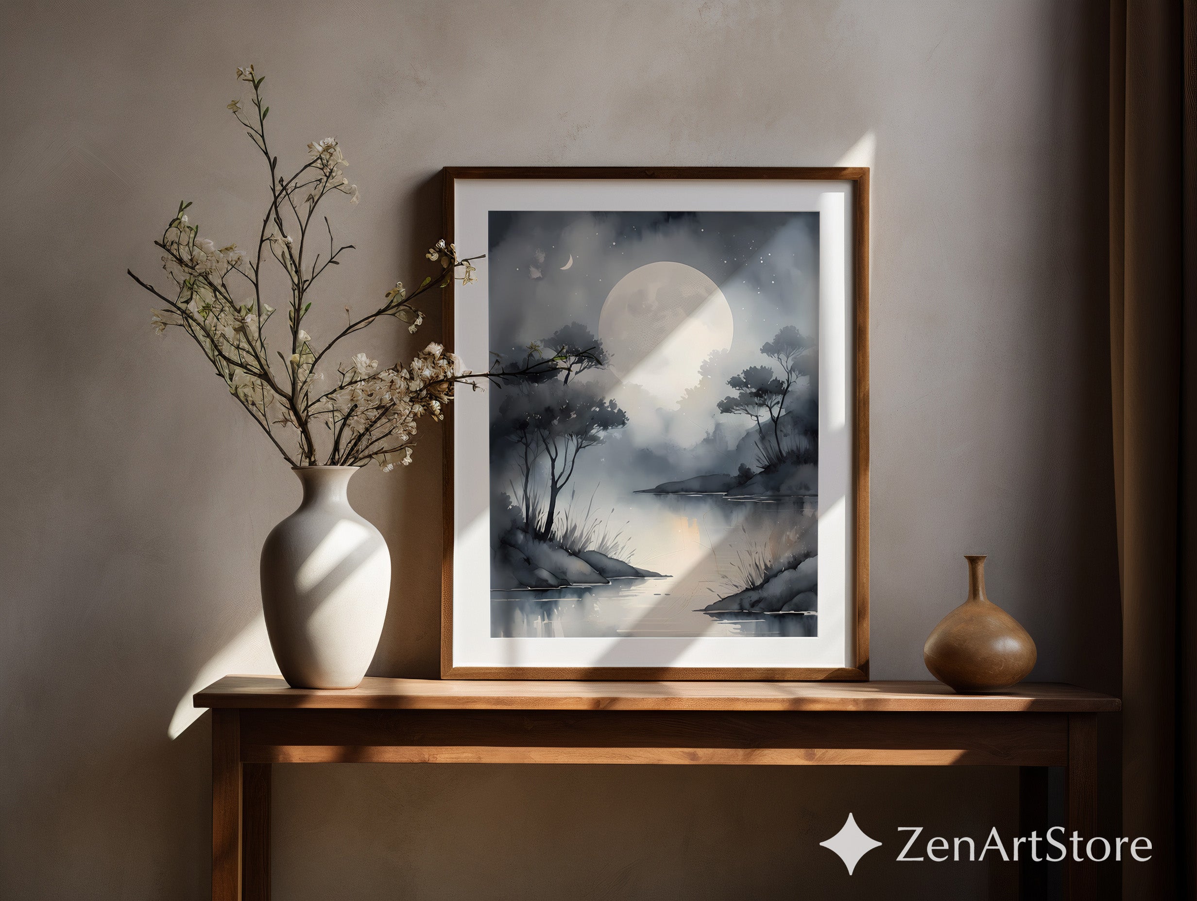 Moonlit Lake Wall Art Print - Serene Minimalist Moon Landscape, Grayscale Japandi Zen Home Decor
