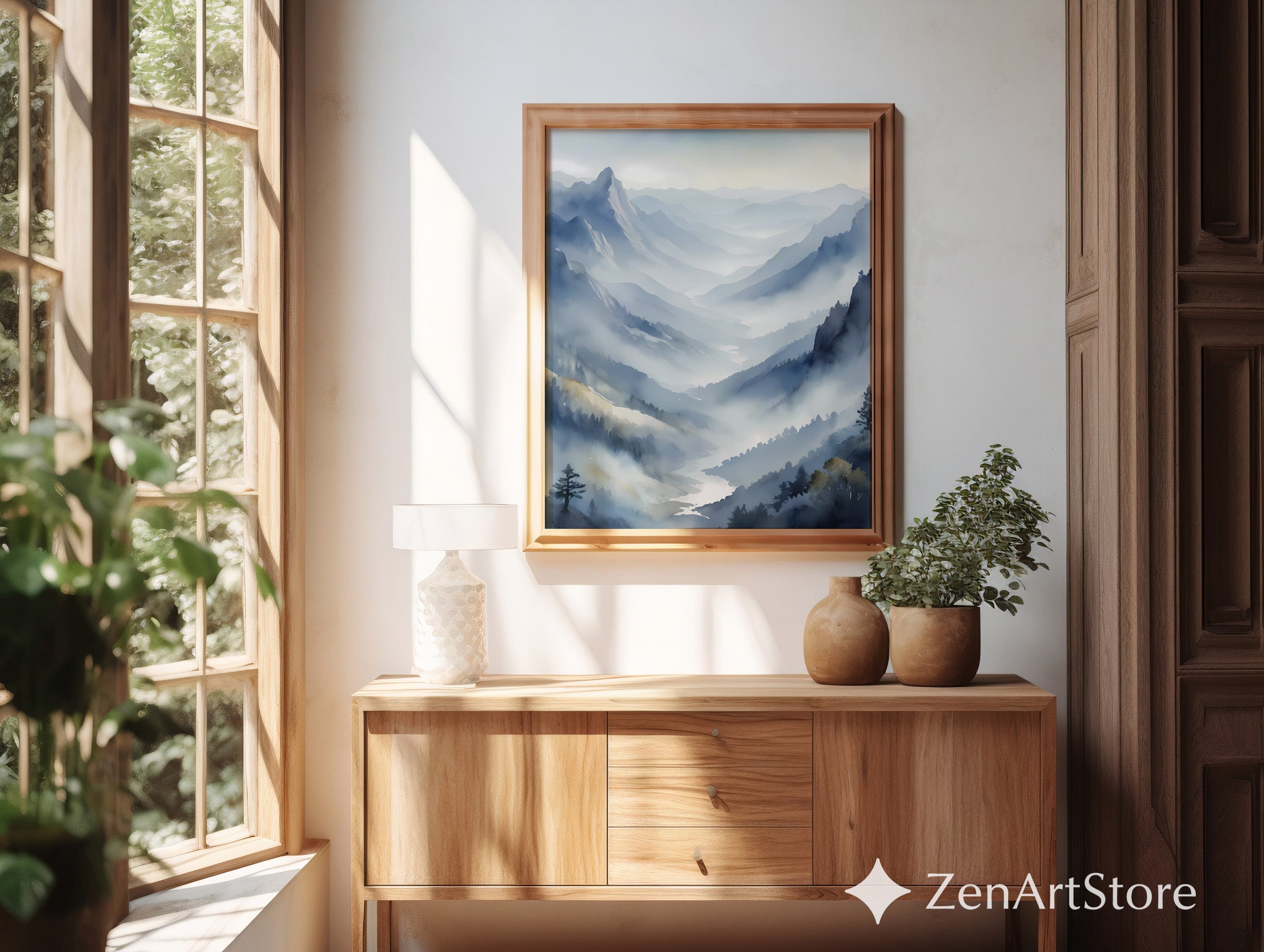 Misty Mountain Valley Wall Art Print - Serene Blue Grey Landscape, Minimalist Japandi Scandinavian Home Decor, Foggy Nature Print