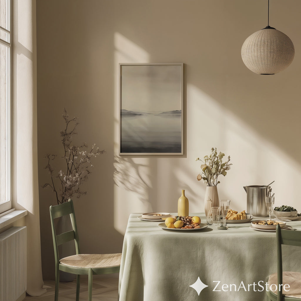 Minimal Neutral Landscape Wall Art - Misty Lake with Layered Hills - Japandi Scandinavian Zen Print for Living Room Bedroom