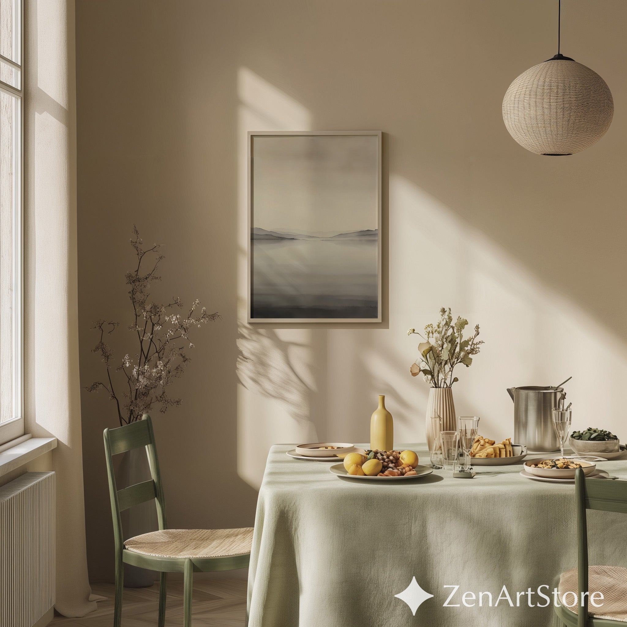 Minimal Neutral Landscape Wall Art - Misty Lake with Layered Hills - Japandi Scandinavian Zen Print for Living Room Bedroom