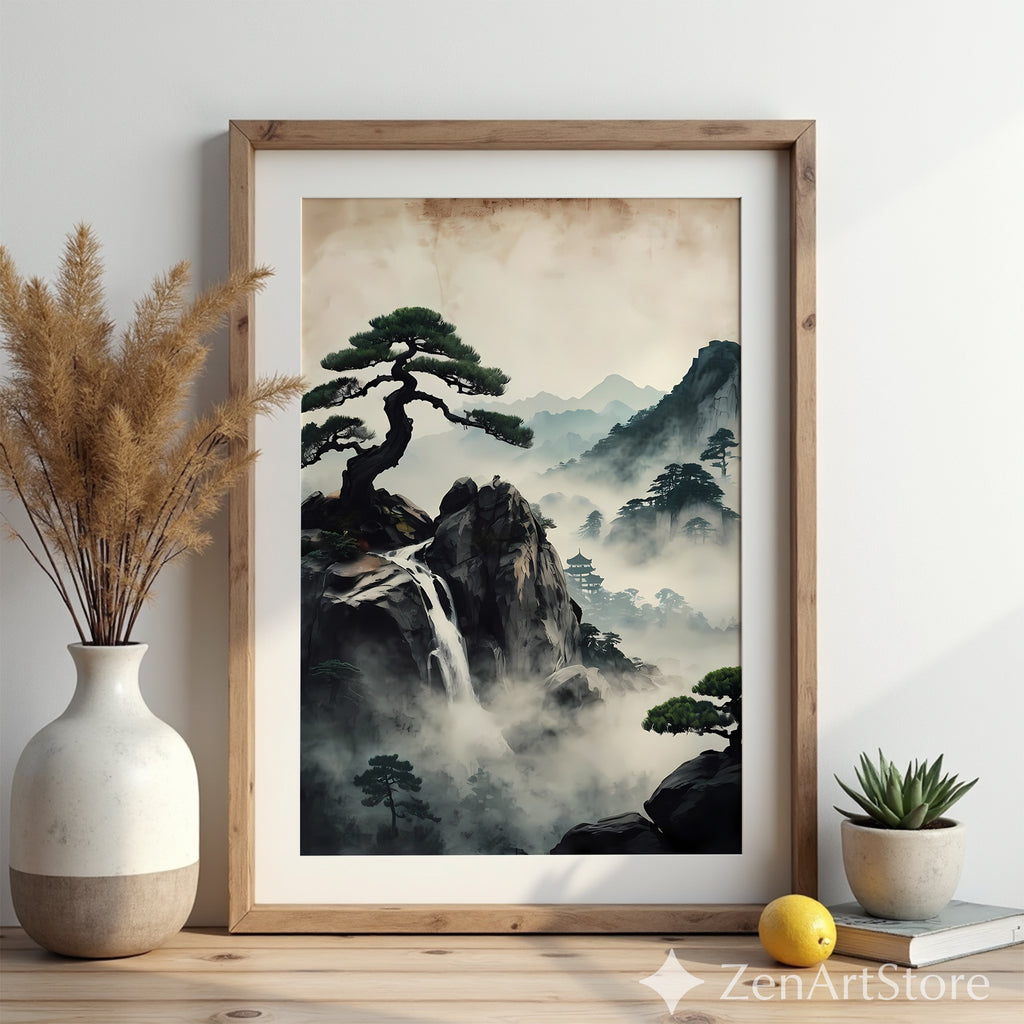 Zen Misty Mountain Landscape Print - Japanese Waterfall Bonsai Wall Art, Wabi Sabi Home Decor