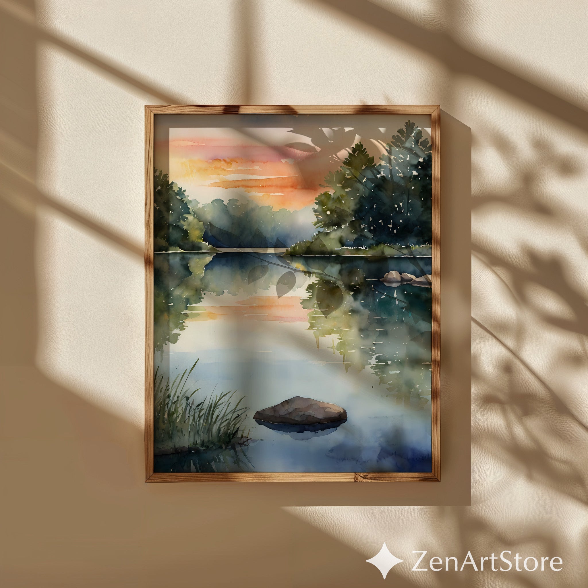 Serene Watercolor Lake Print - Minimal Landscape Wall Art for Japandi & Scandinavian Home Decor