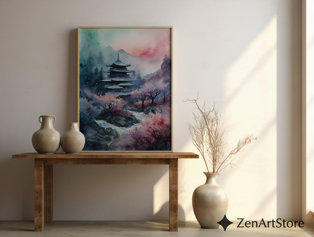 Serene Japanese Pagoda Print with Cherry Blossoms - Watercolor Zen Landscape Wall Art for Home