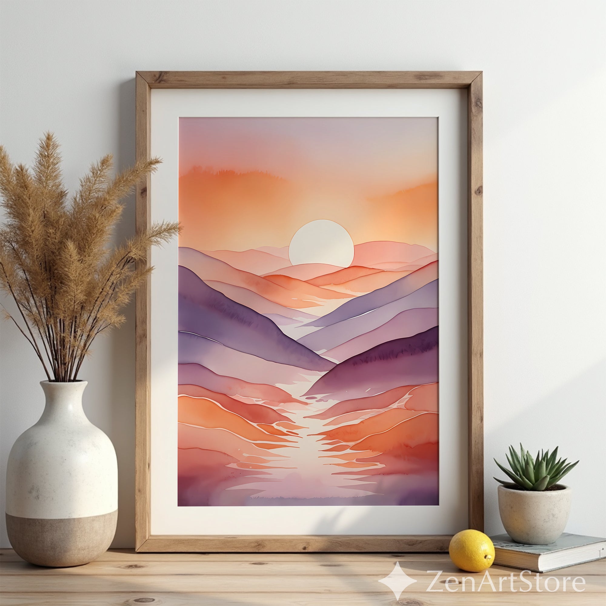 Sunset Mountain Watercolor Print – Minimal Abstract Landscape Wall Art Pink Orange Purple Japandi Boho Neutral Home Decor
