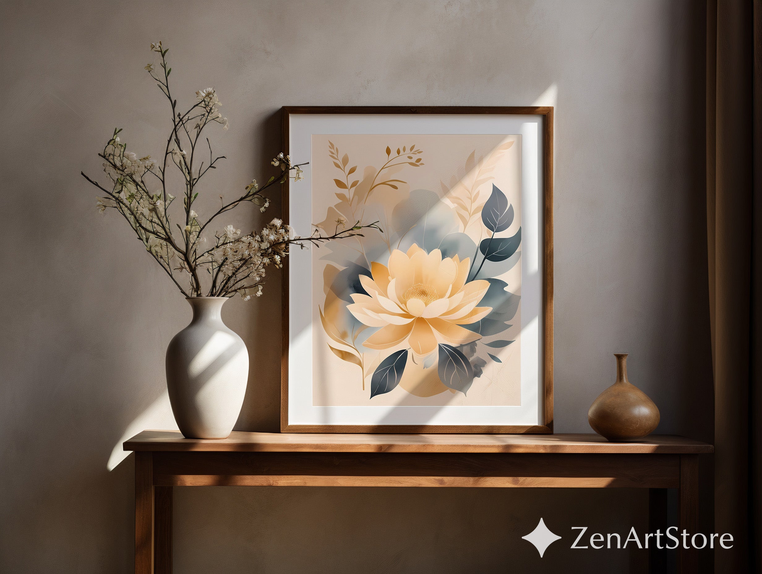 Beige Gold Floral Wall Art Print - Minimal Neutral Botanical Decor for Japandi, Scandinavian Living Room & Bedroom
