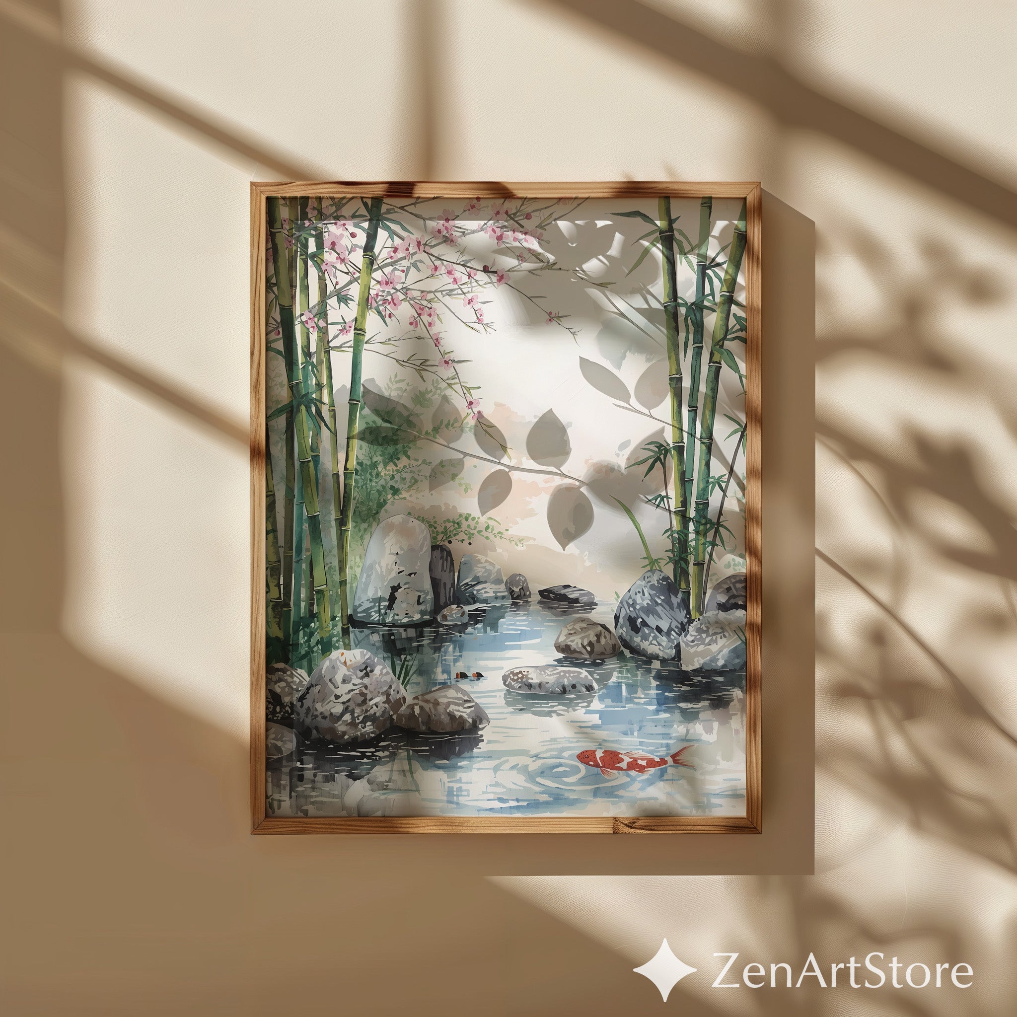 Zen Bamboo Koi Pond Watercolor Print - Japandi Wall Art with Cherry Blossoms for Calm Home Decor