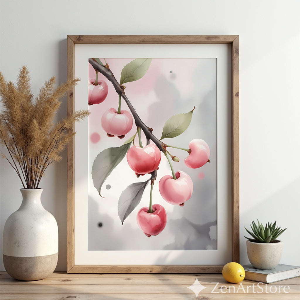 Pink Cherry Art Print Minimal Botanical Wall Art Pastel Fruit Poster for Kitchen Nursery Japandi Scandinavian Home Decor