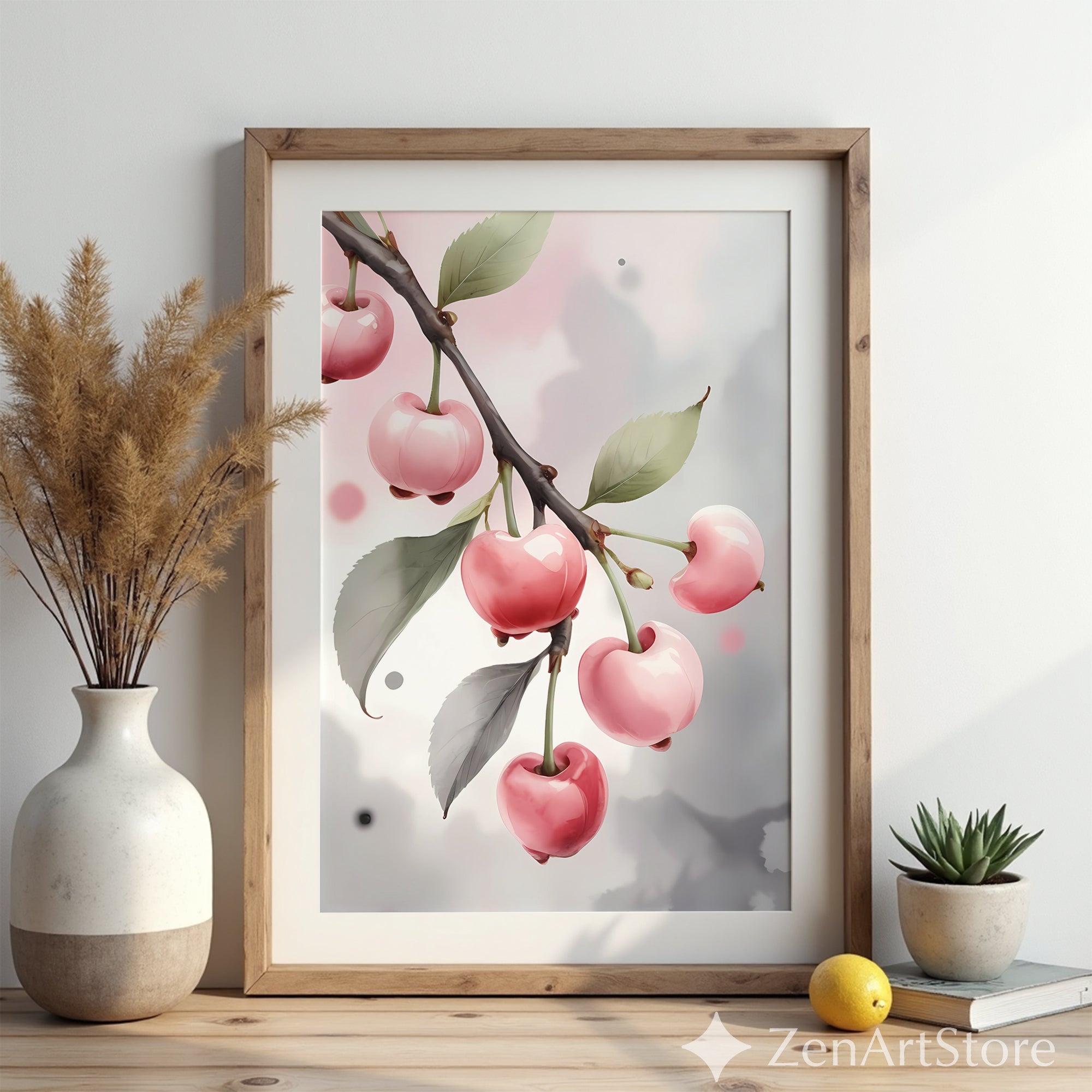 Pink Cherry Art Print Minimal Botanical Wall Art Pastel Fruit Poster for Kitchen Nursery Japandi Scandinavian Home Decor