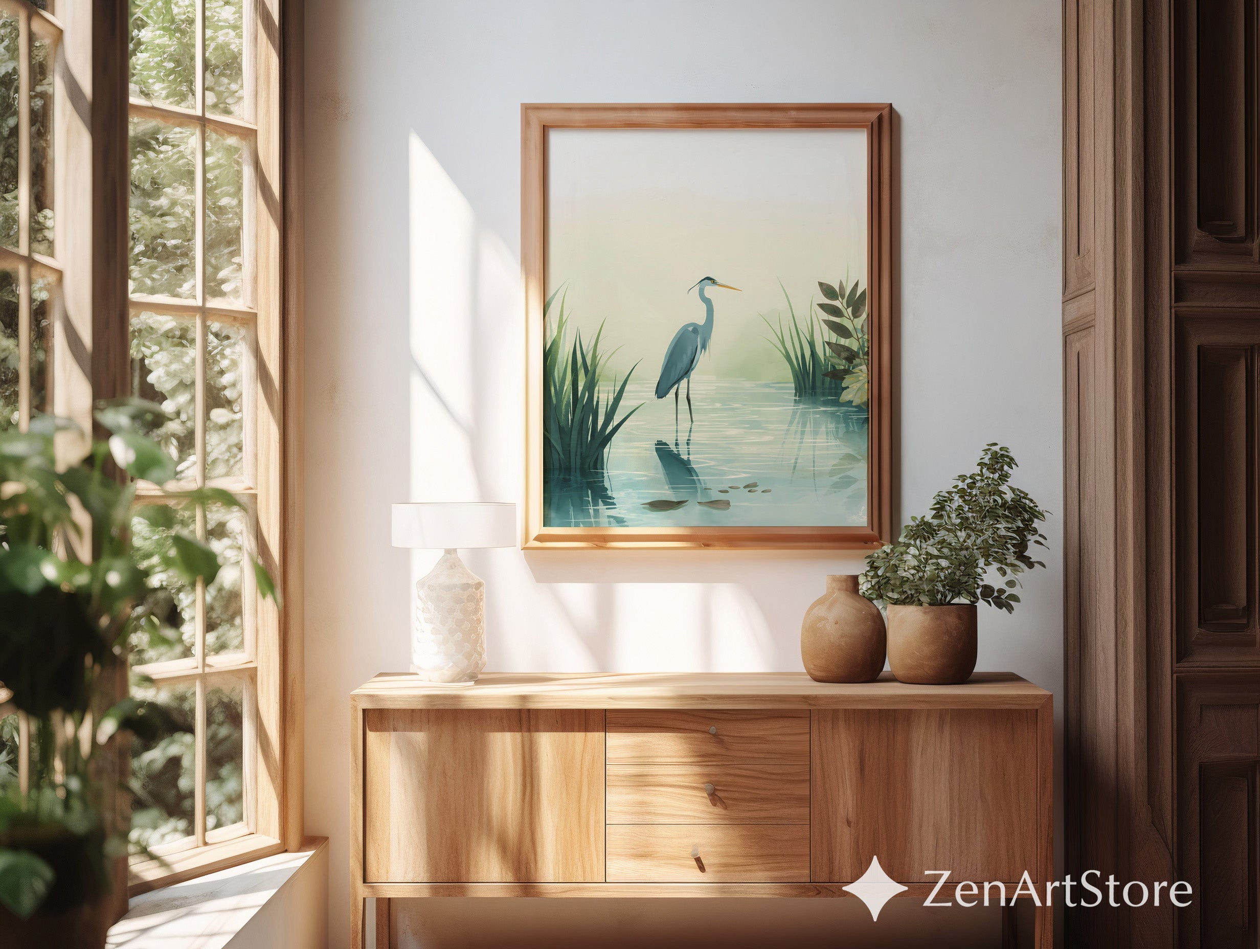 Calm Heron Wetland Wall Art - Minimal Botanical Bird Print for Japandi & Scandinavian Neutral Home Decor