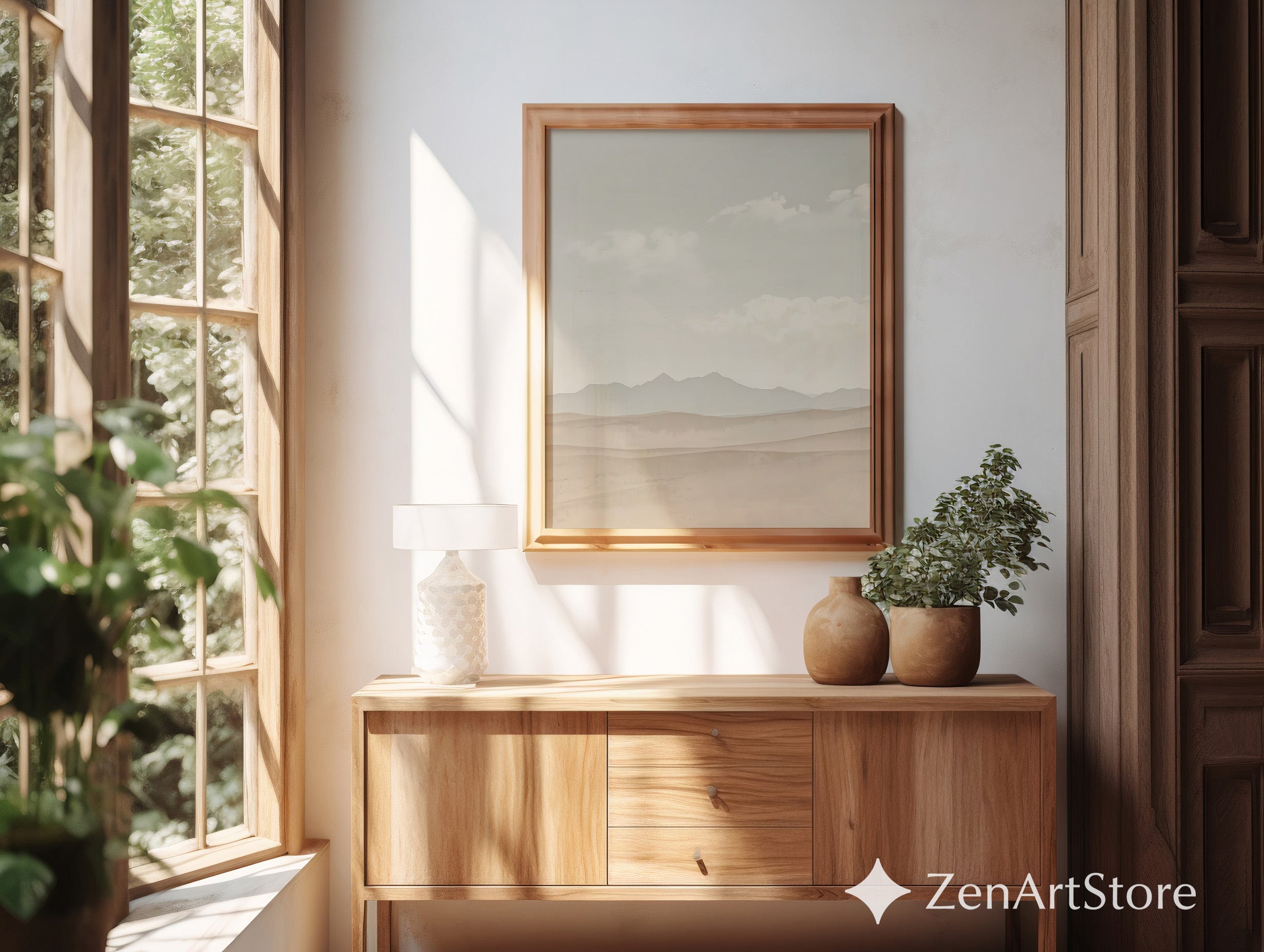 Neutral Desert Landscape Wall Art - Minimal Beige Mountain Print, Japandi Scandi Boho Home Decor