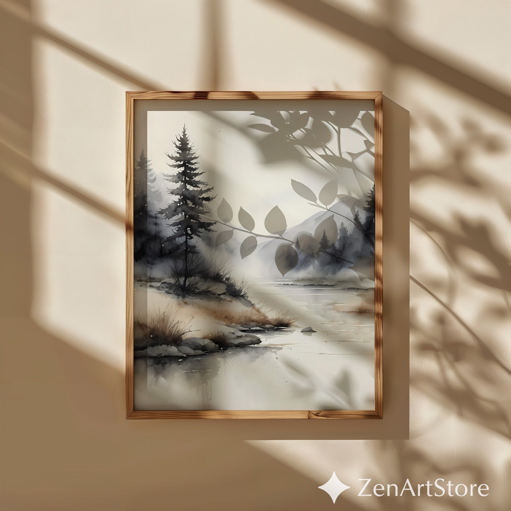 Misty River Watercolor Print - Minimal Neutral Landscape Art for Japandi, Wabi Sabi & Scandinavian Home Decor