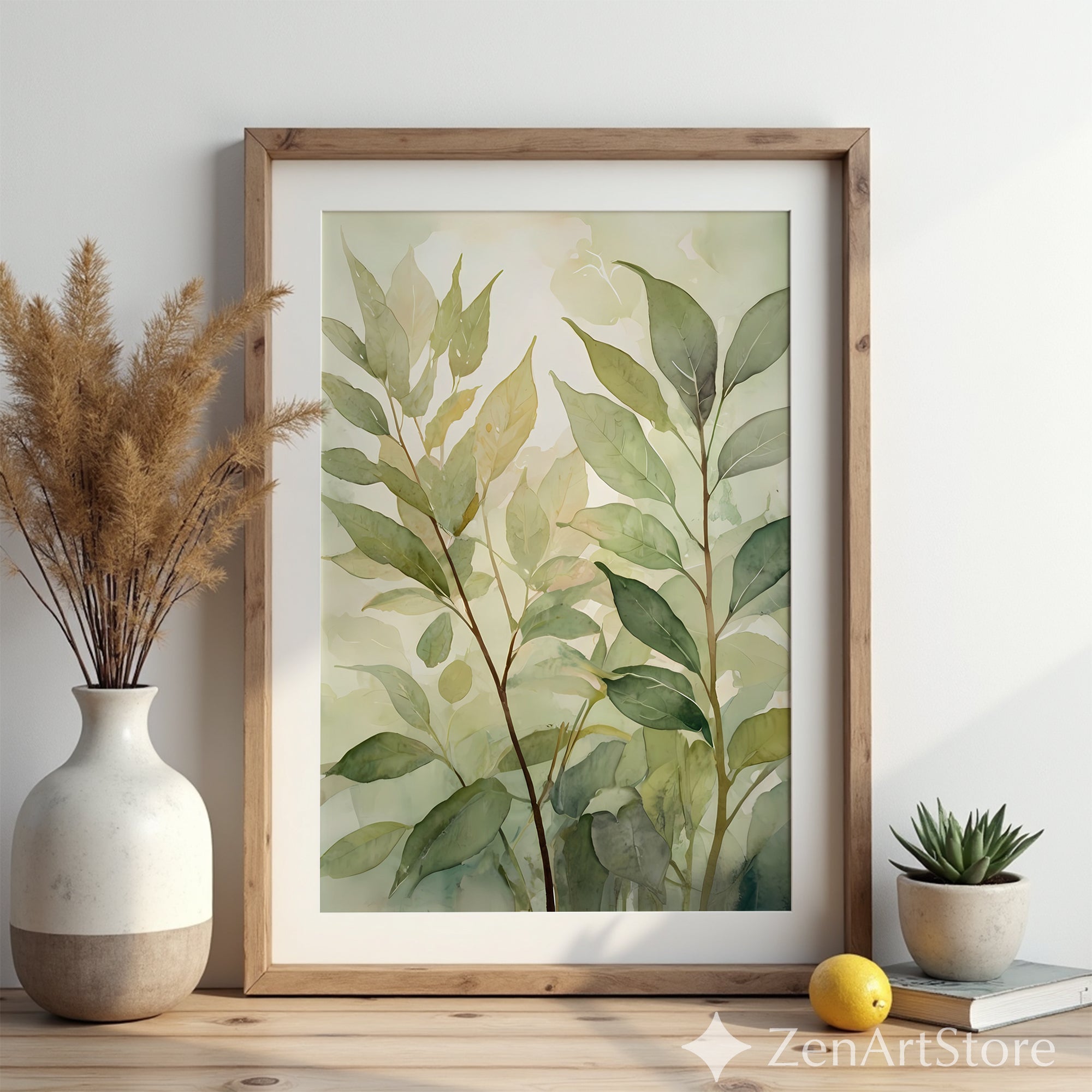 Soft Green Botanical Watercolor Print - Neutral Leaf Wall Art for Japandi, Scandinavian & Minimal Home Decor