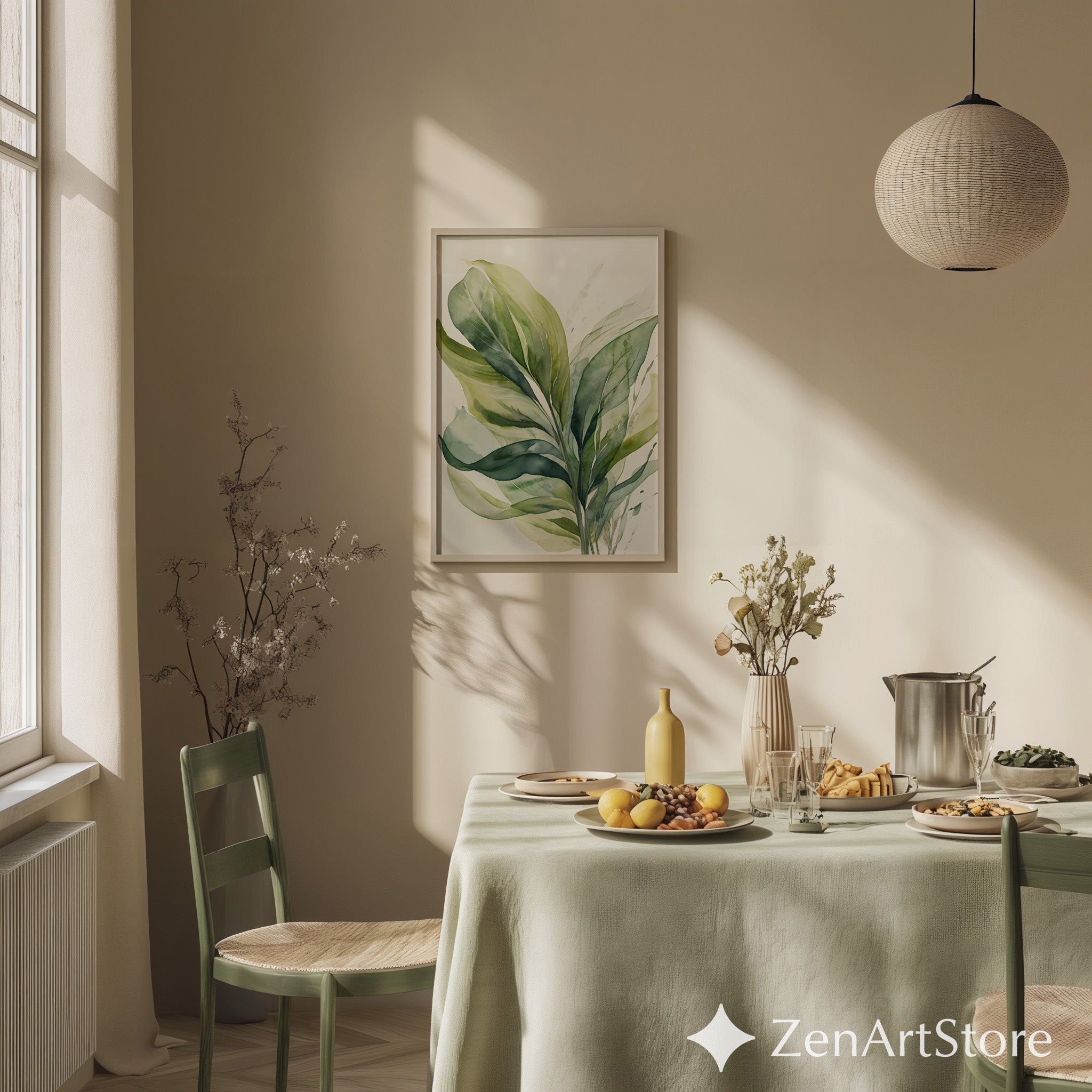 Green Leaf Watercolor Print - Minimal Botanical Wall Art for Japandi, Scandinavian Neutral Home Decor