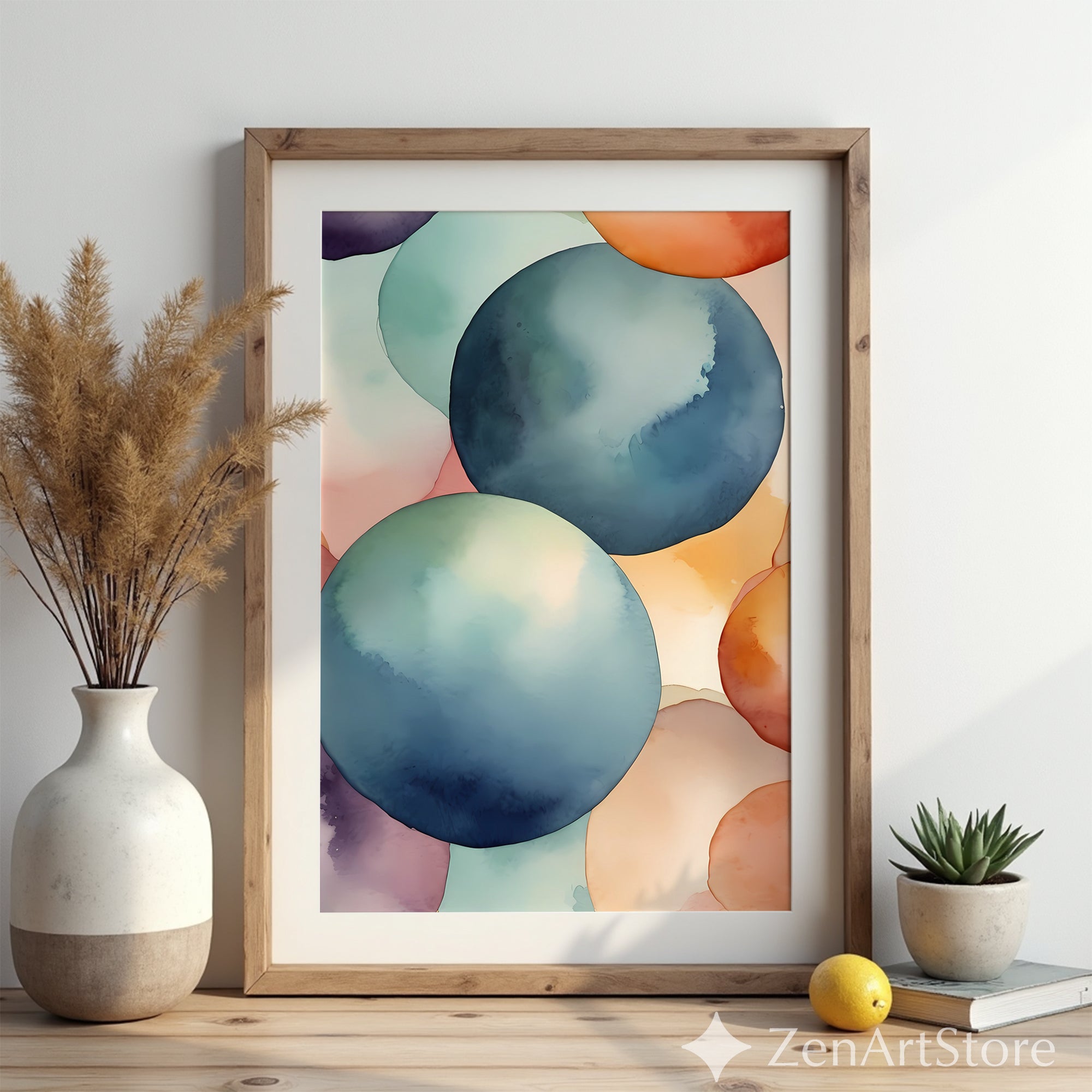 Abstract Watercolor Circles Wall Art - Modern Minimal Japandi Print, Calm Pastel Home Decor, Large Printable Living Room Art