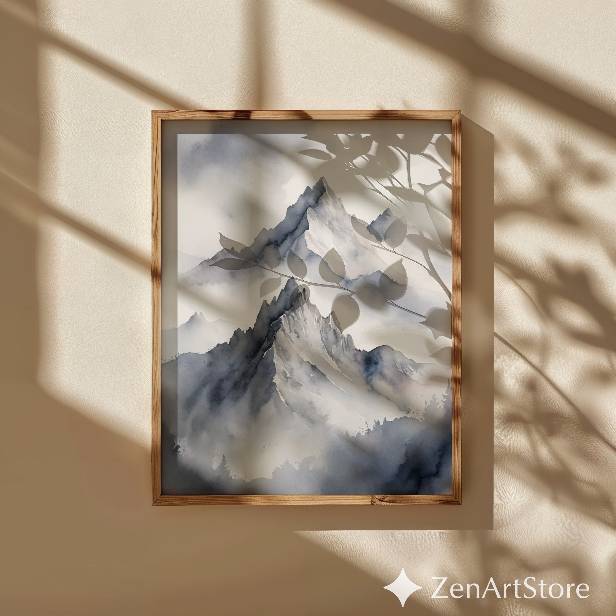 Misty Mountain Watercolor Print - Minimal Neutral Mountain Wall Art, Zen Japandi Scandinavian Landscape for Calm Home Decor