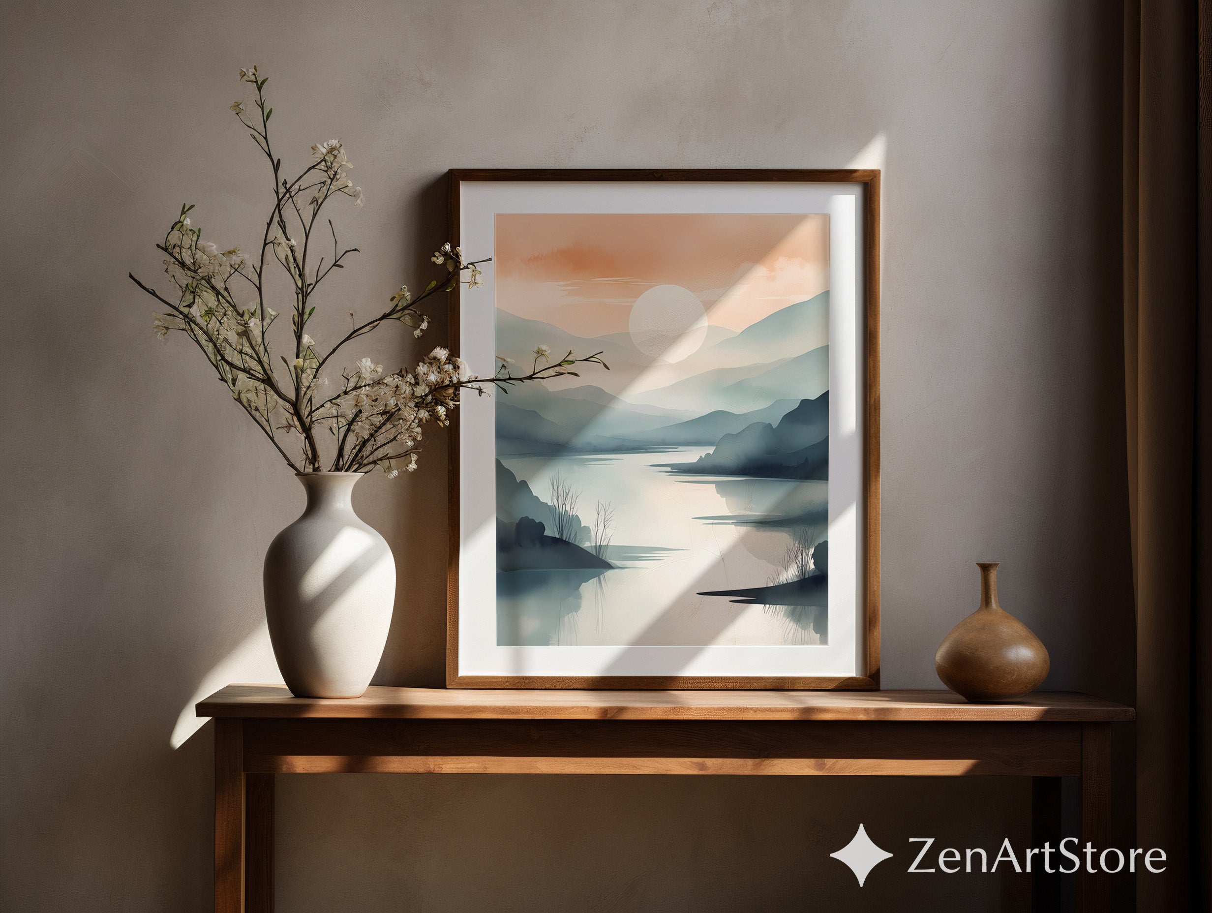 Sunrise Mist Landscape Print – Minimal Japandi Zen Wall Art, Neutral Mountain Lake Poster for Living Room