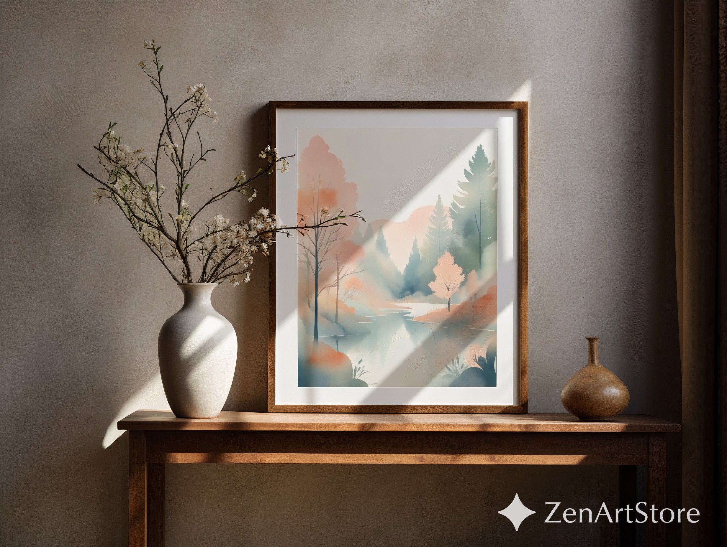 Misty Pastel Lake Watercolor Print - Minimal Japandi Landscape Wall Art for Calm Neutral Home Decor