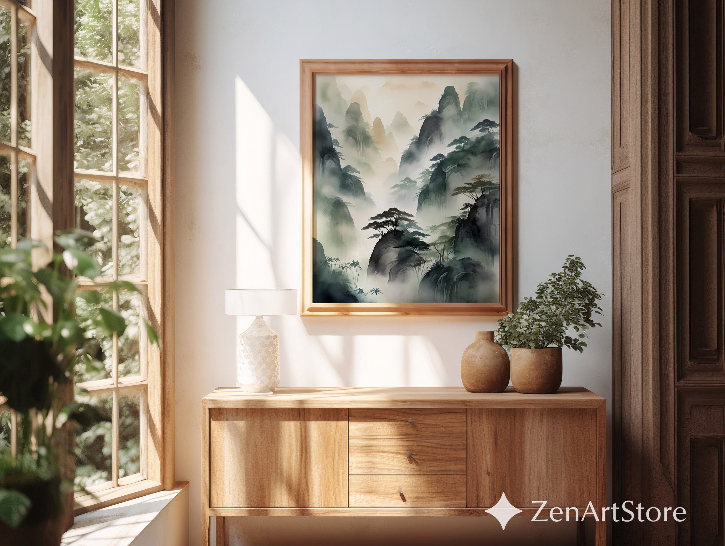 Misty Mountain Landscape Print - Zen Ink-Wash Wall Art for Living Room Japandi Neutral Home Decor