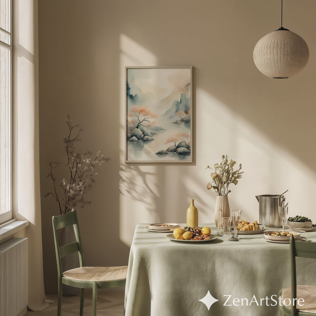 Serene Watercolor Landscape Print - Zen Japandi Wall Art, Minimal Mountain & Peach Tree Illustration for Living Room, Bedroom, Nursery