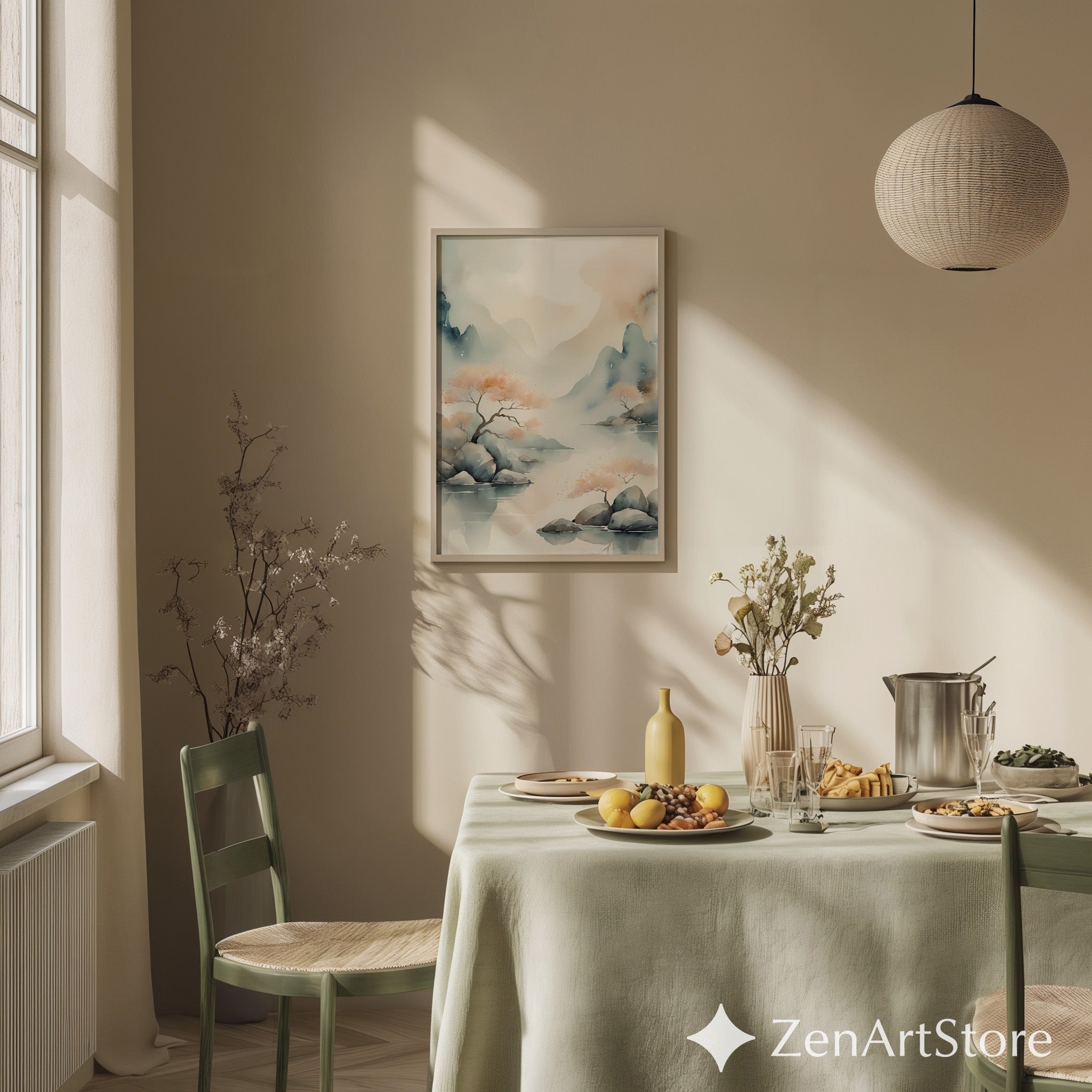 Serene Watercolor Landscape Print - Zen Japandi Wall Art, Minimal Mountain & Peach Tree Illustration for Living Room, Bedroom, Nursery