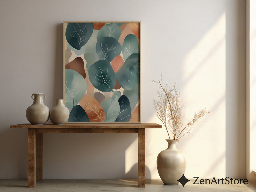 Abstract Botanical Leaf Art Print Teal & Terracotta Minimal Japandi Scandinavian Wall Decor