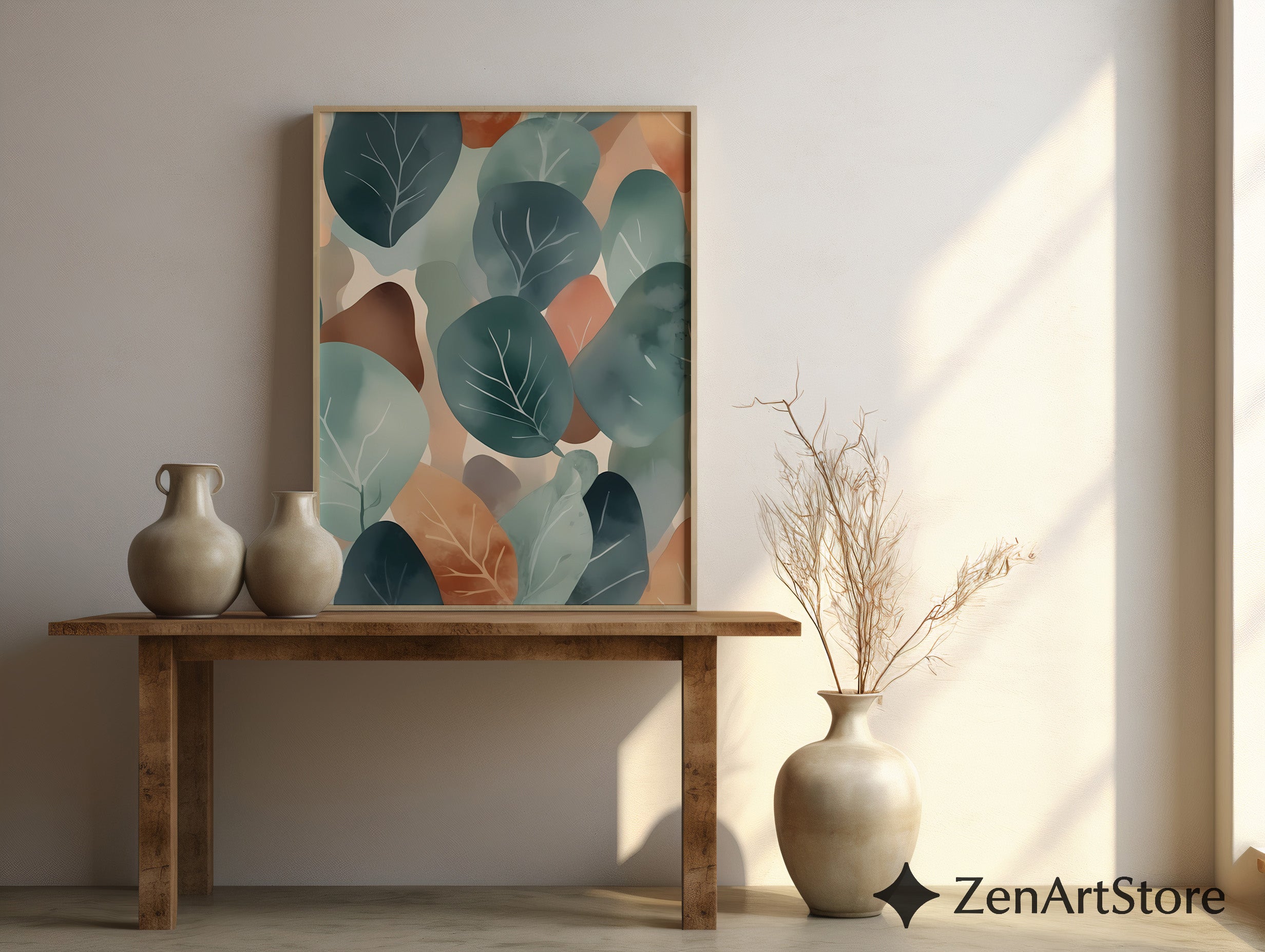 Abstract Botanical Leaf Art Print Teal & Terracotta Minimal Japandi Scandinavian Wall Decor