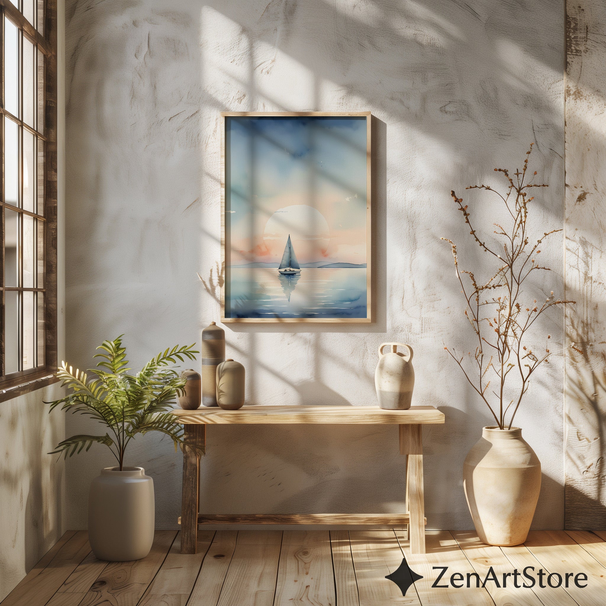 Calm Sailboat Watercolor Print - Serene Sunset Nautical Wall Art for Coastal Home