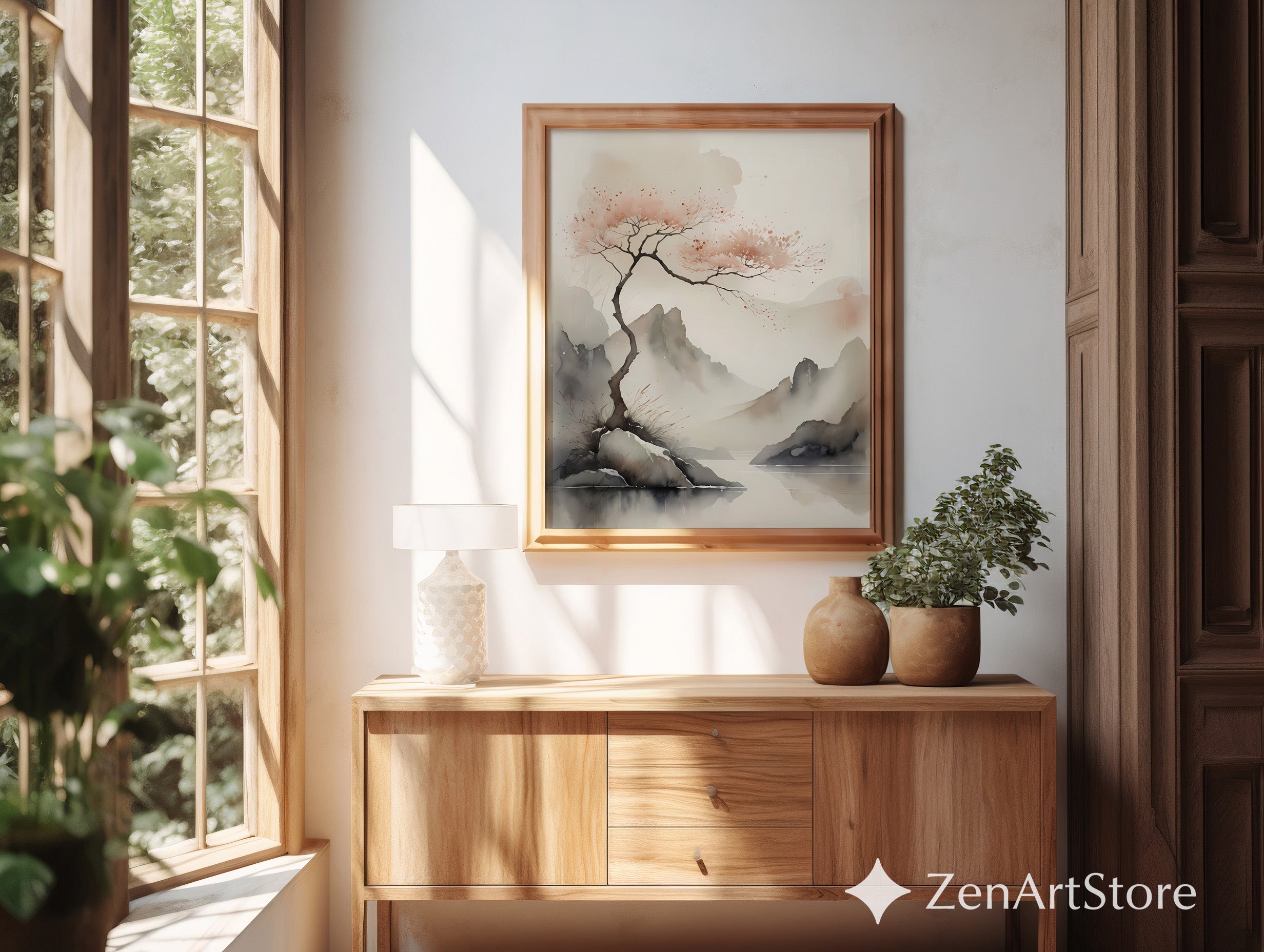 Serene Japandi Watercolor Landscape Print - Minimal Cherry Blossom Tree, Zen Wabi Sabi Wall Art for Living Room